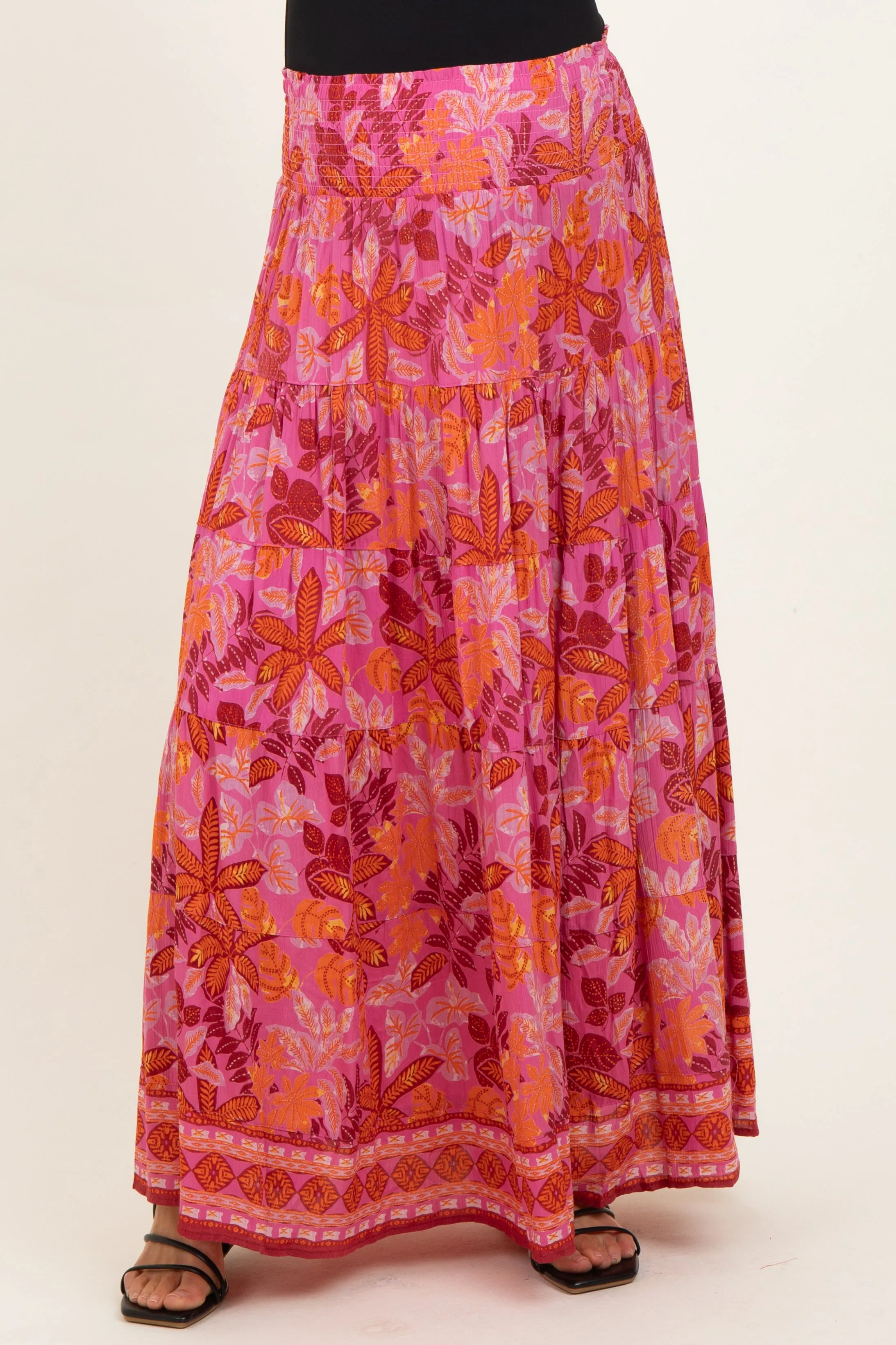 Fuchsia Floral Tiered Smocked Waistband Maternity Maxi Skirt sold by Pinkblush product image thumbnail 2