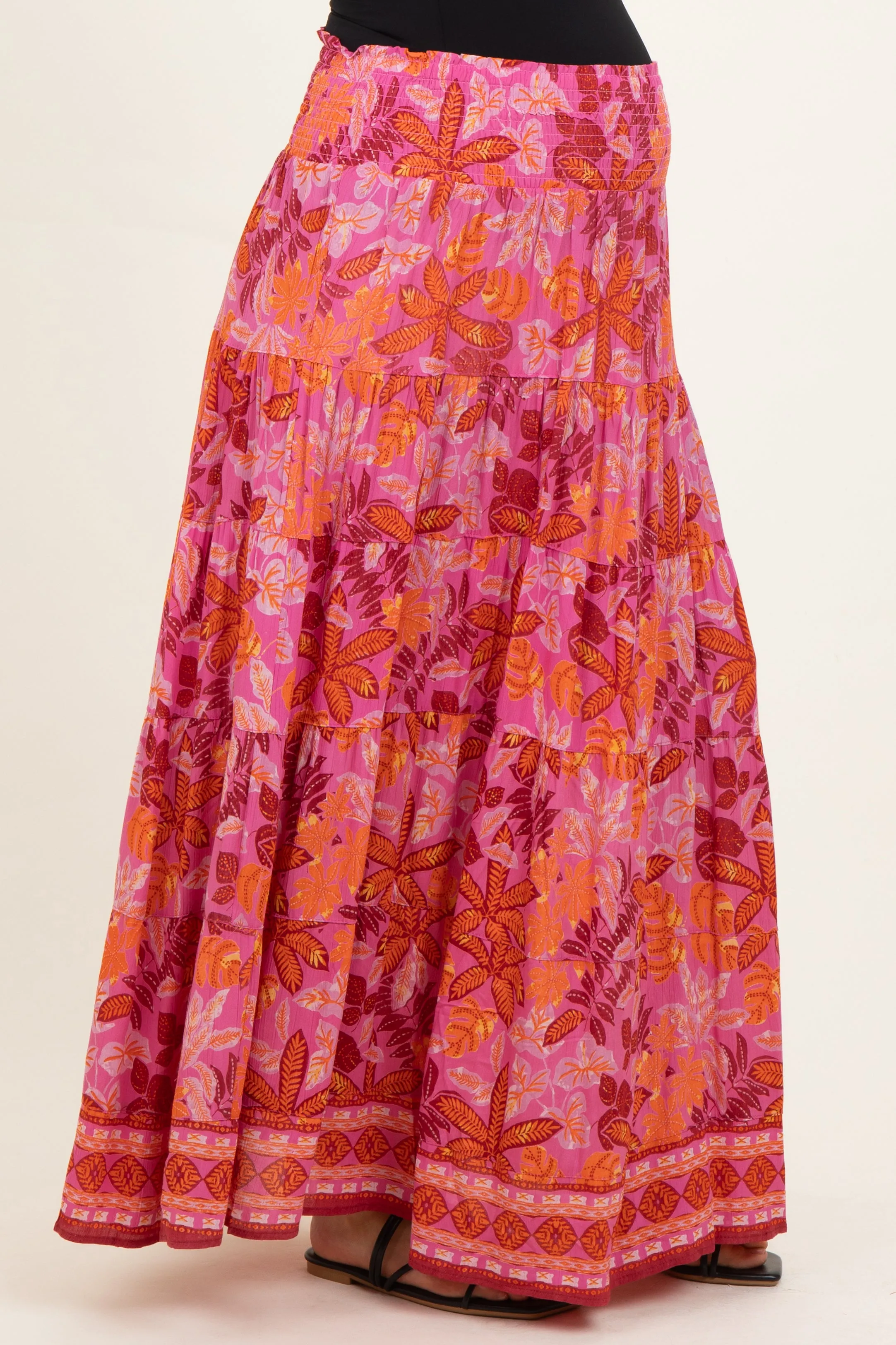 Fuchsia Floral Tiered Smocked Waistband Maternity Maxi Skirt sold by Pinkblush product image thumbnail 3