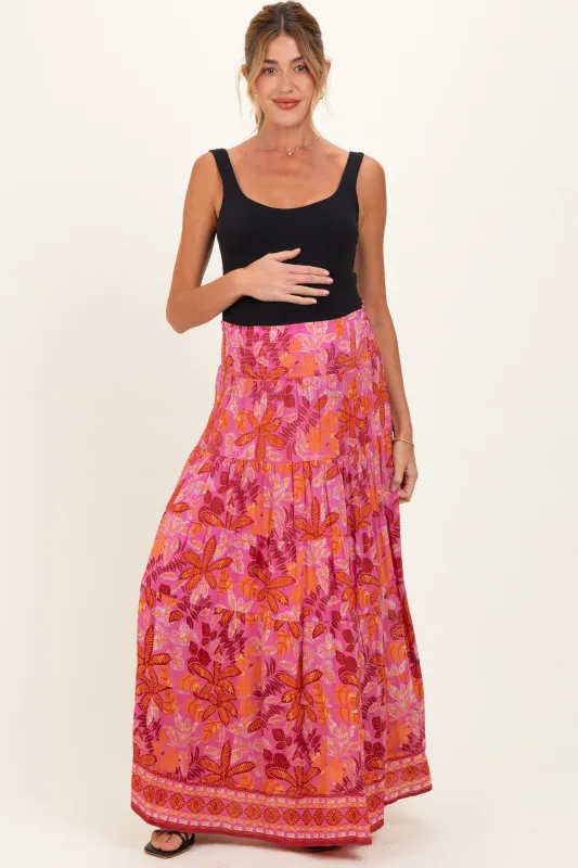 Fuchsia Floral Tiered Smocked Waistband Maternity Maxi Skirt made by Angie