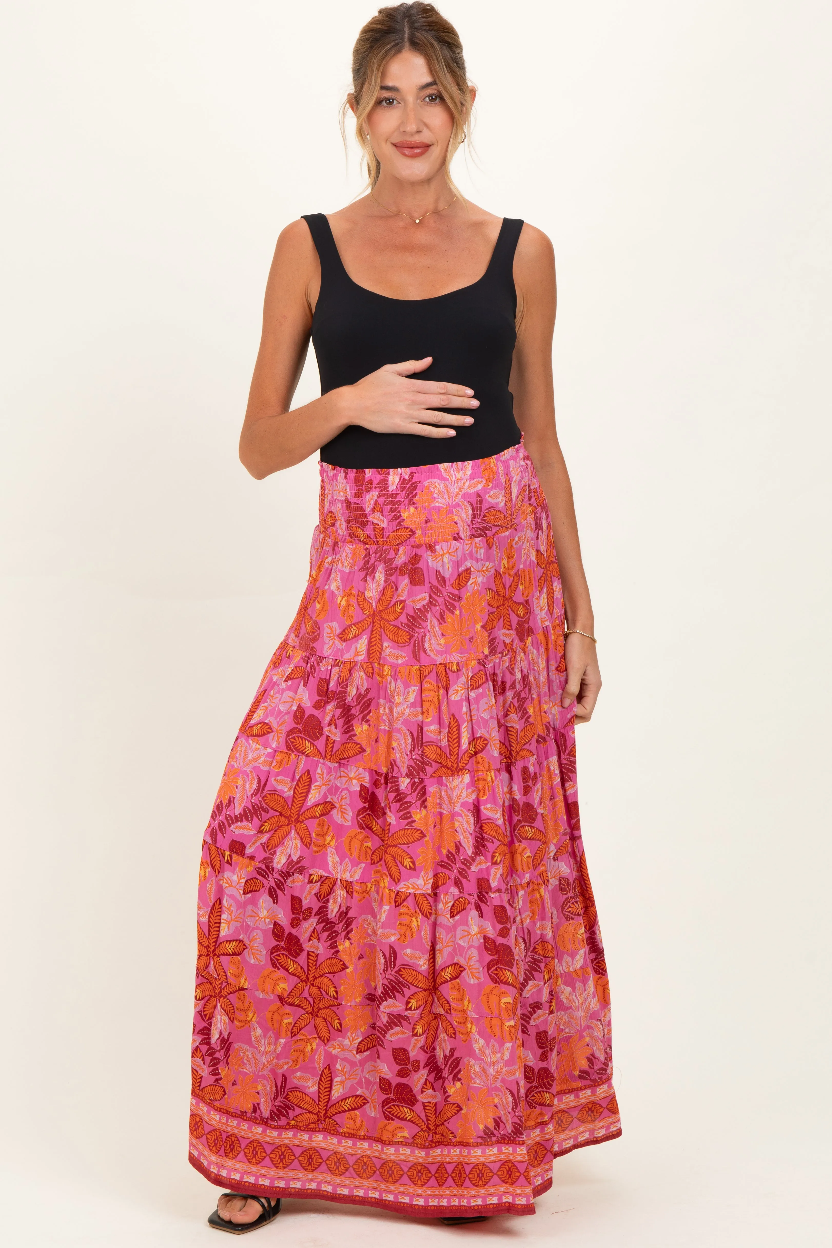 Fuchsia Floral Tiered Smocked Waistband Maternity Maxi Skirt sold by Pinkblush