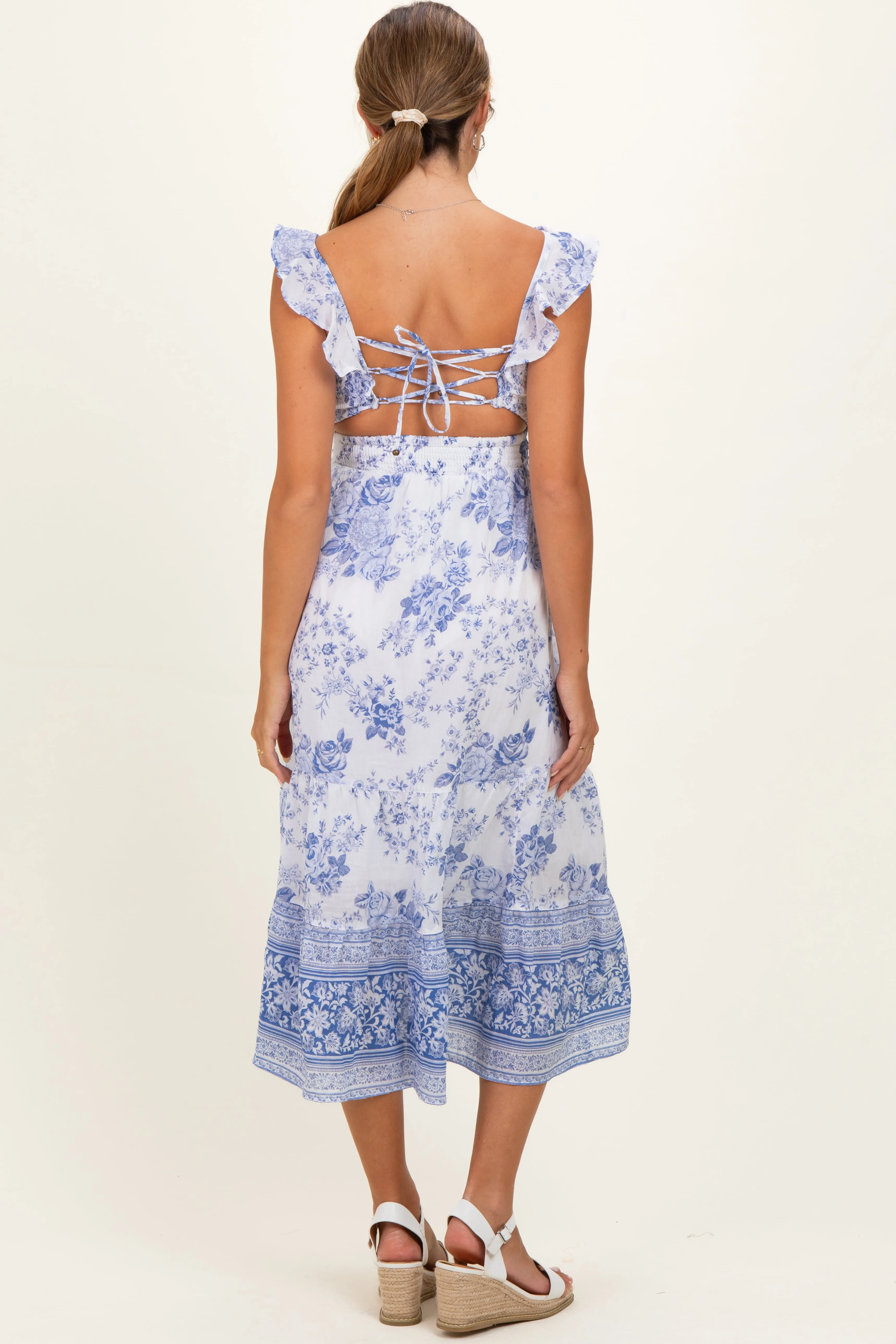 Blue V-Neck Cut Out Lace Up Back Maternity Dress sold by Pinkblush product image thumbnail 3