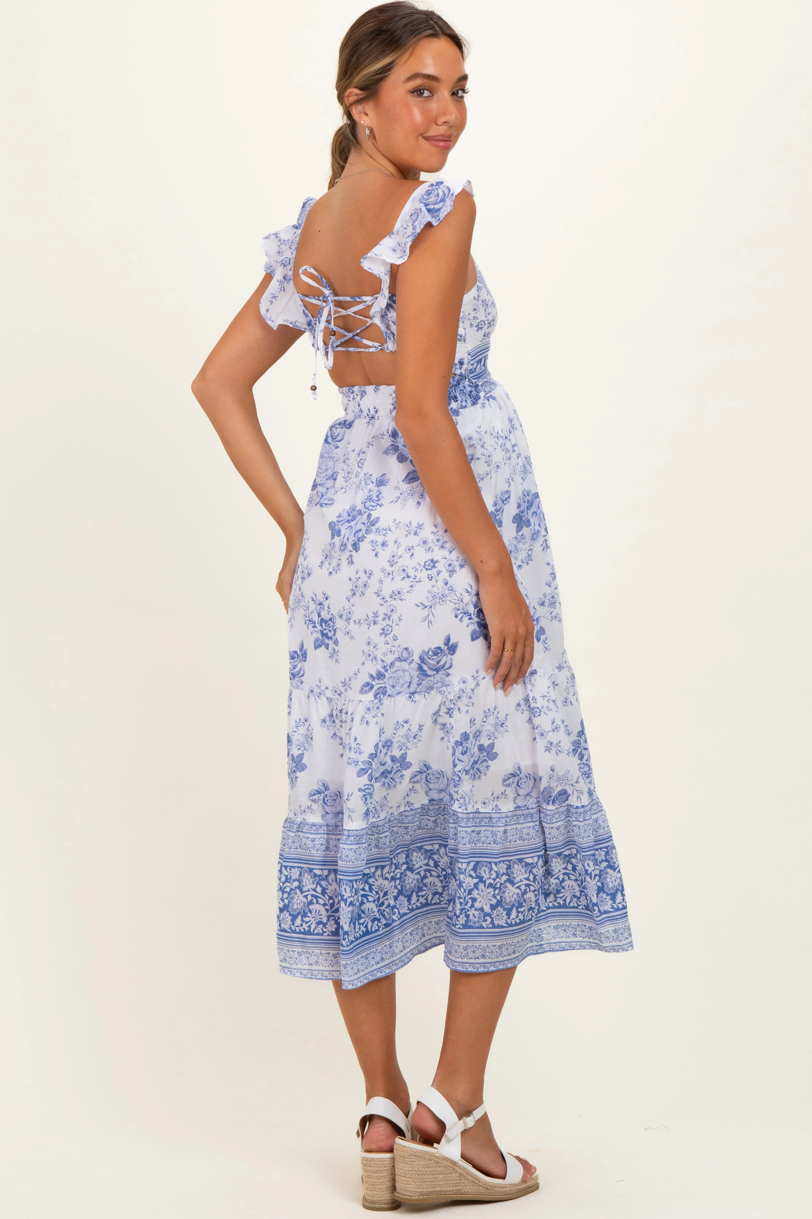 Blue V-Neck Cut Out Lace Up Back Maternity Dress sold by Pinkblush product image thumbnail 4