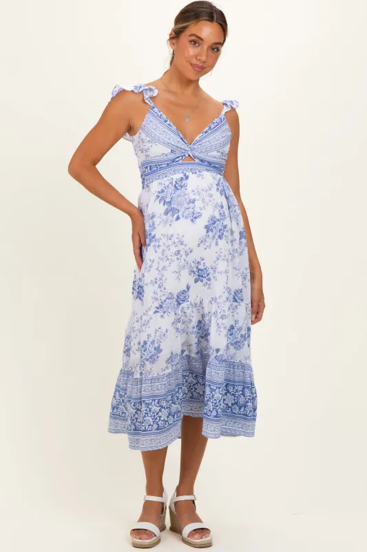 Blue V-Neck Cut Out Lace Up Back Maternity Dress made by Angie