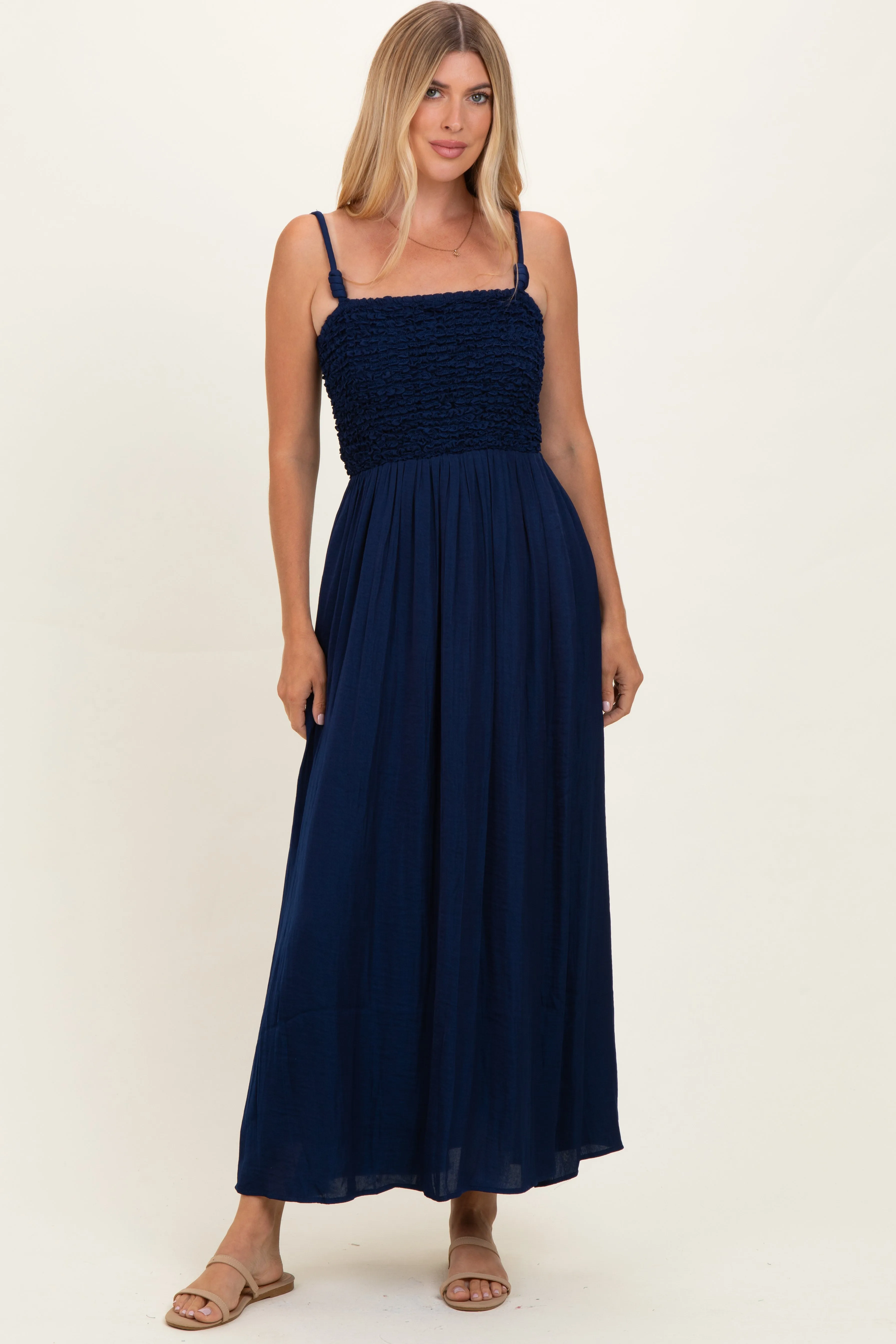 Navy Textured Smocked Maxi Dress sold by Pinkblush