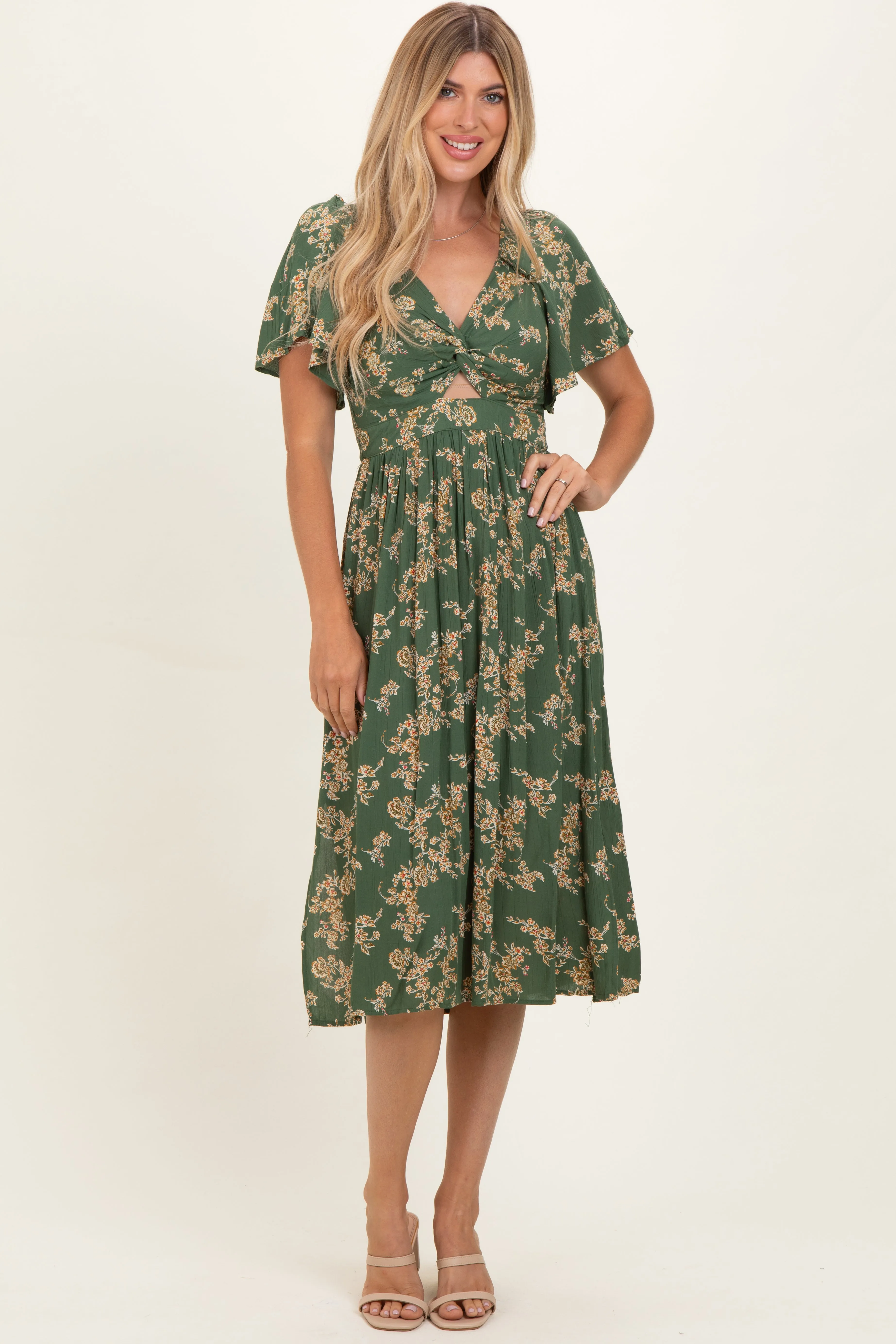 Olive Floral Short Sleeve V-Neck Twist Front Midi Dress sold by Pinkblush product image thumbnail 2