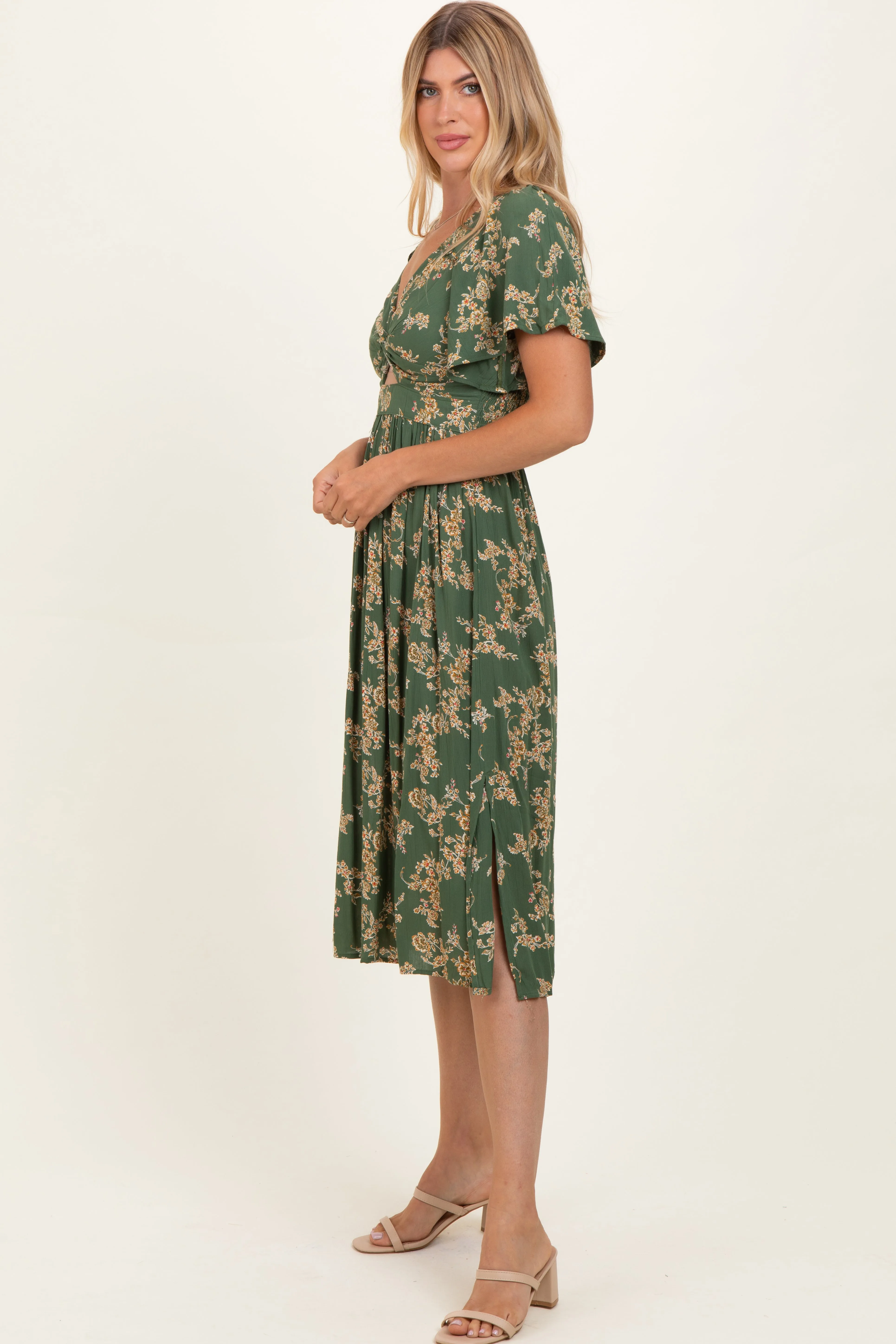 Olive Floral Short Sleeve V-Neck Twist Front Midi Dress sold by Pinkblush product image thumbnail 3