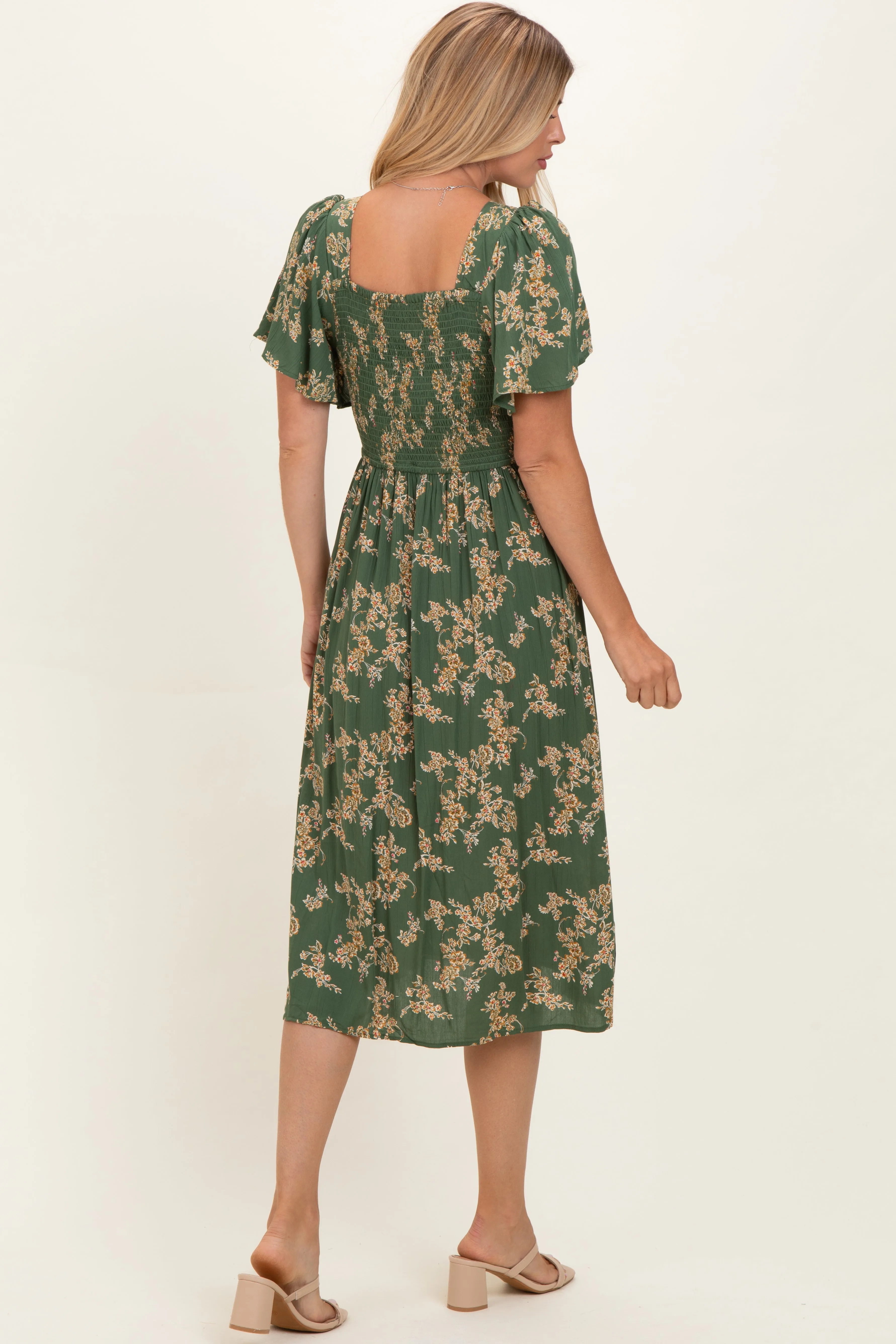 Olive Floral Short Sleeve V-Neck Twist Front Midi Dress sold by Pinkblush product image thumbnail 4