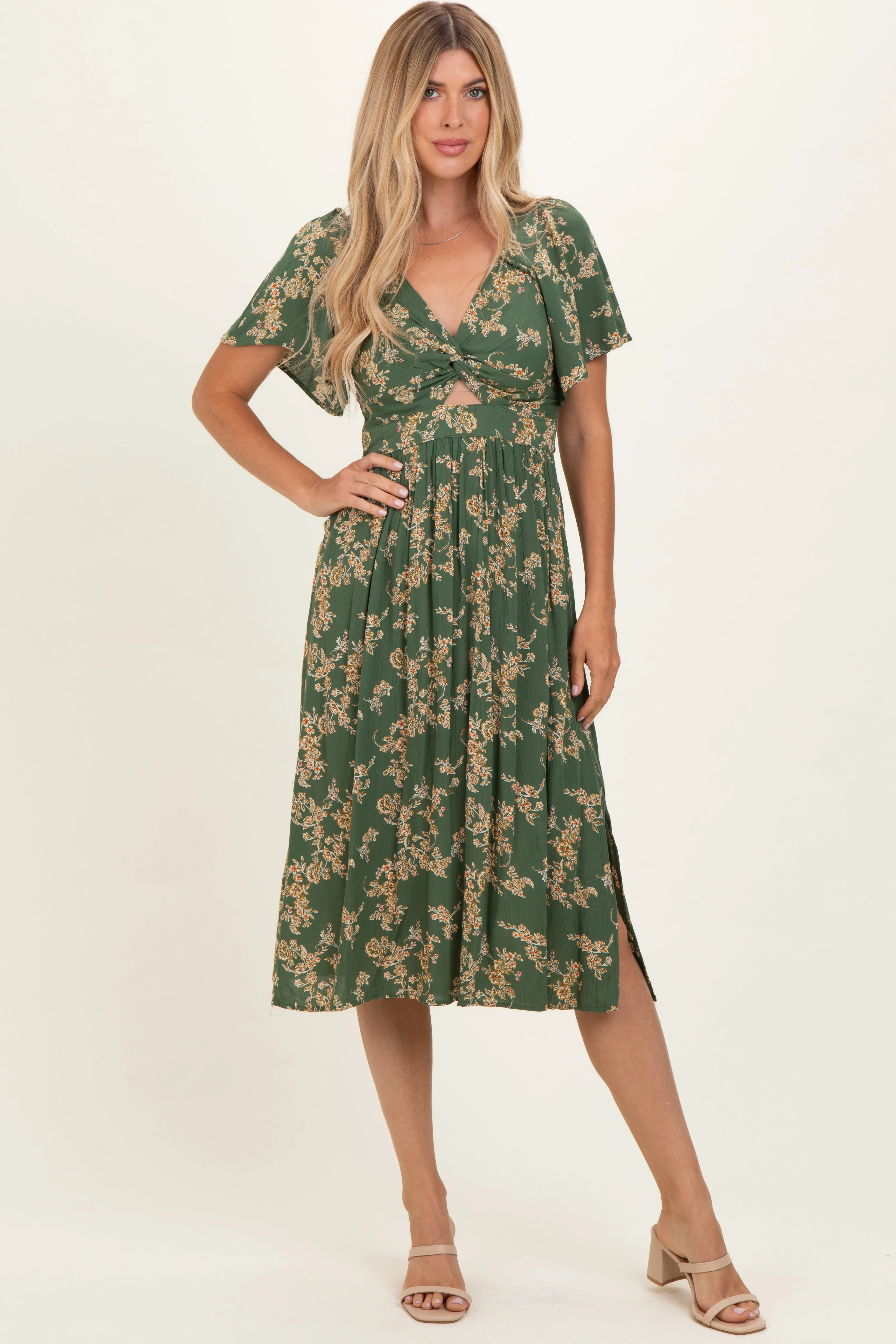 Olive Floral Short Sleeve V-Neck Twist Front Midi Dress sold by Pinkblush