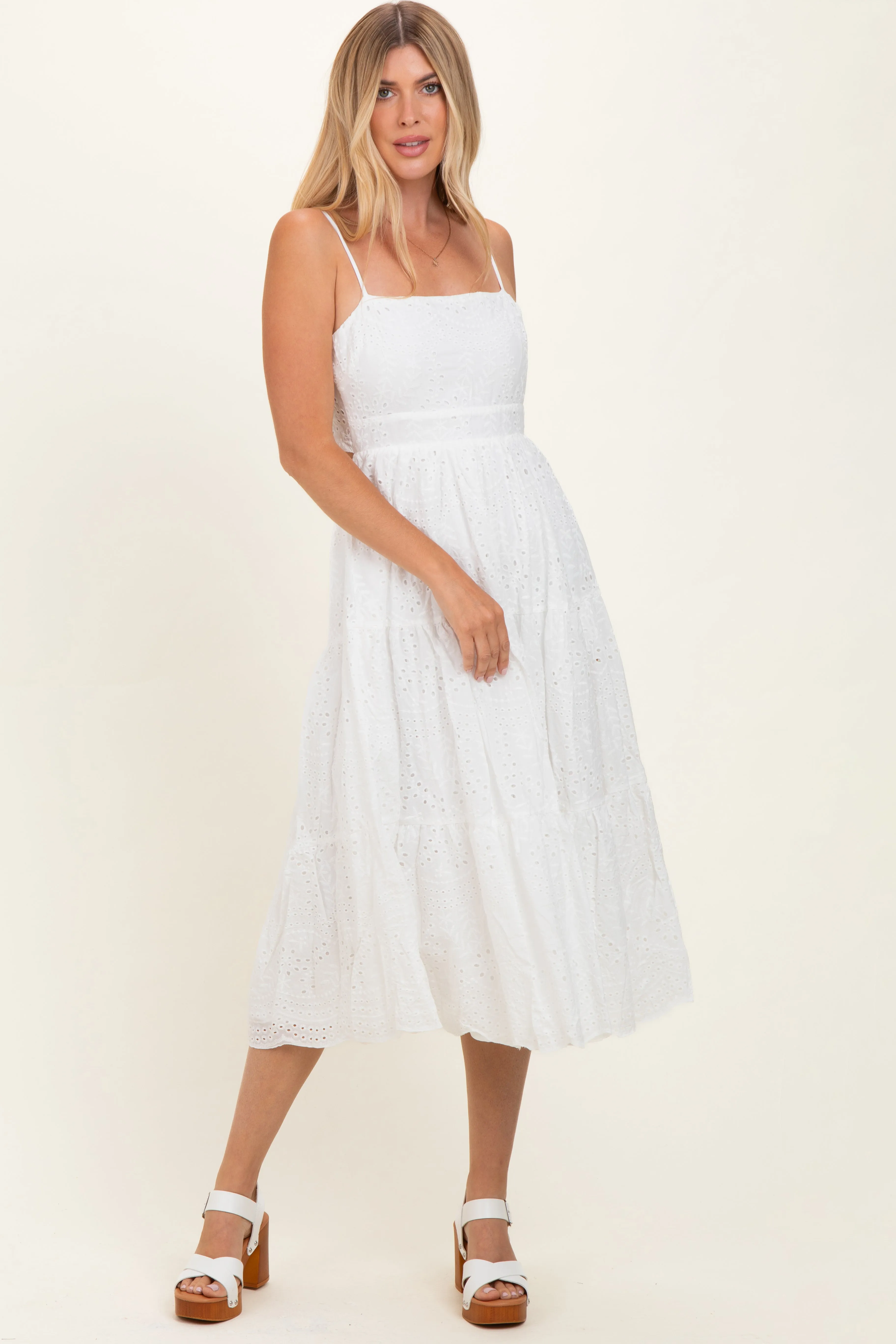 Off White Eyelet Lace Cutout Tie Back Midi Dress sold by Pinkblush