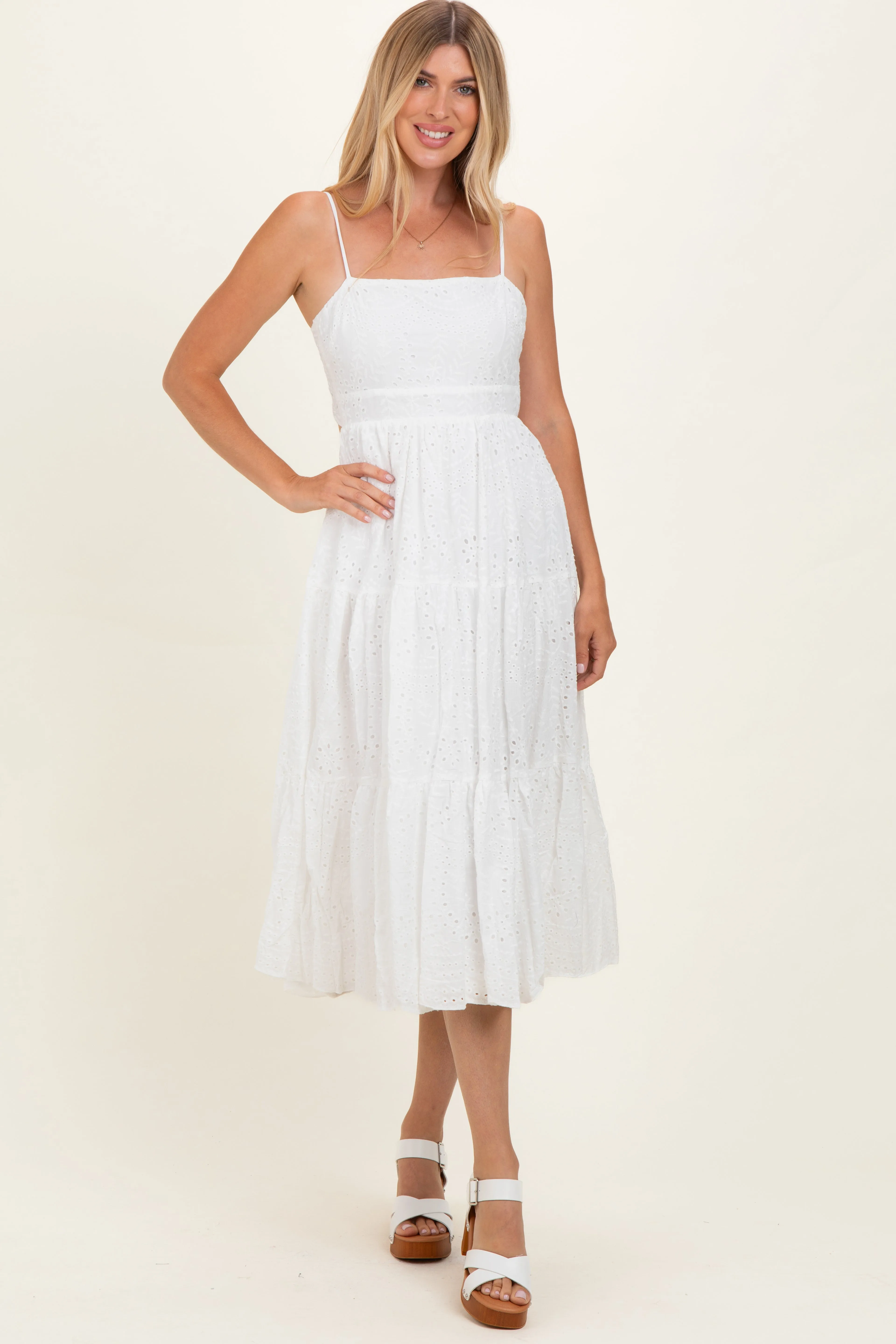 Off White Eyelet Lace Cutout Tie Back Midi Dress sold by Pinkblush product image thumbnail 2