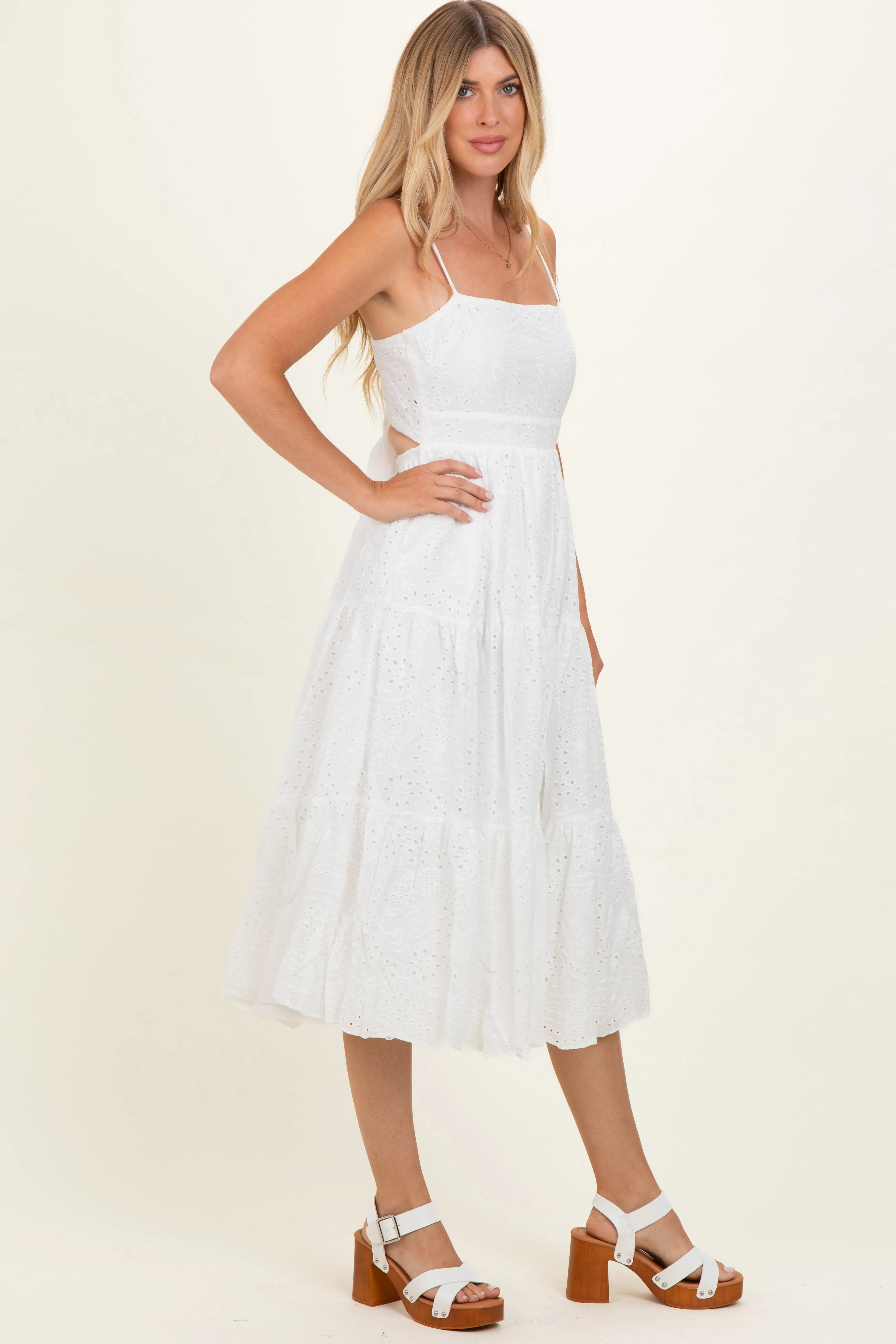 Off White Eyelet Lace Cutout Tie Back Midi Dress sold by Pinkblush product image thumbnail 3