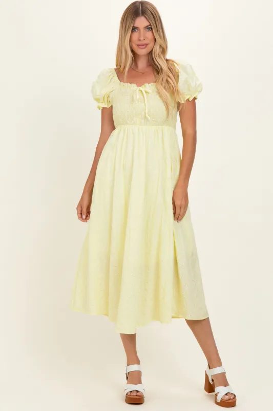 Yellow Square Neck Puff Sleeve Midi Dress made by Pinkblush