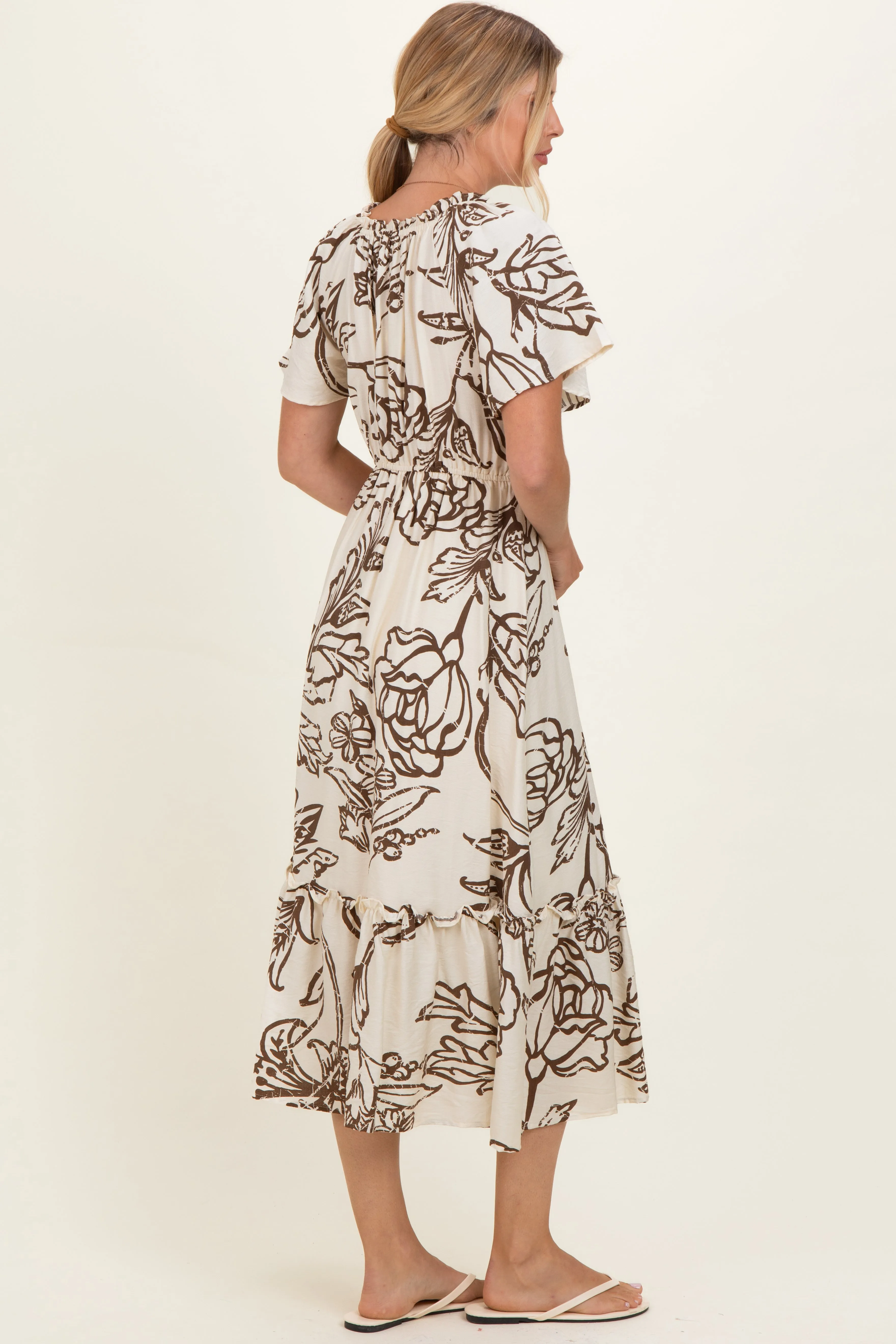 Taupe Floral Smocked Front Tie Midi Dress sold by Pinkblush product image thumbnail 3
