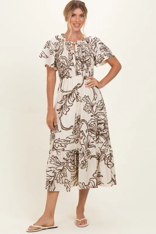 Taupe Floral Smocked Front Tie Midi Dress made by Pinkblush