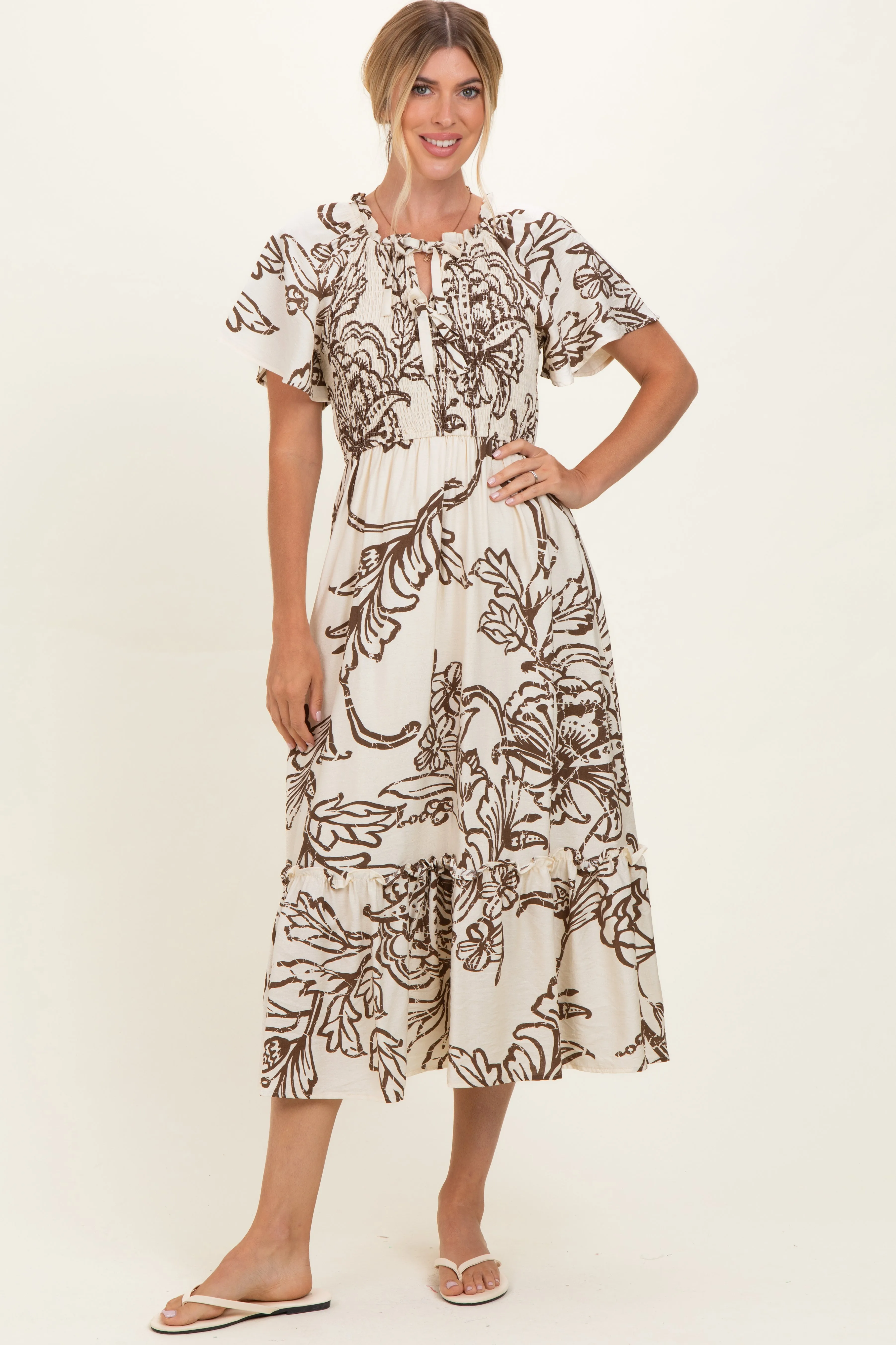 Taupe Floral Smocked Front Tie Midi Dress sold by Pinkblush