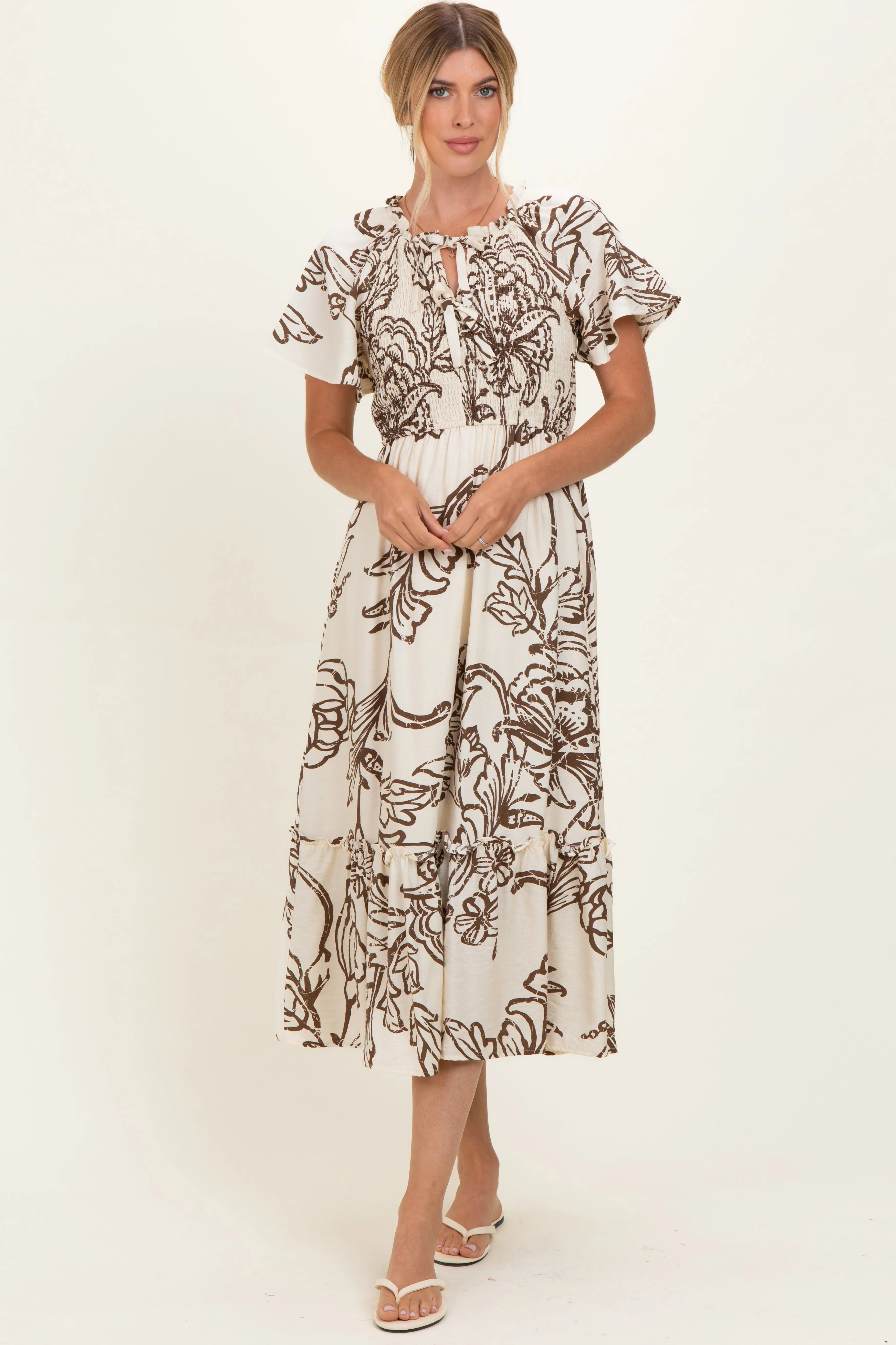 Taupe Floral Smocked Front Tie Midi Dress sold by Pinkblush product image thumbnail 2