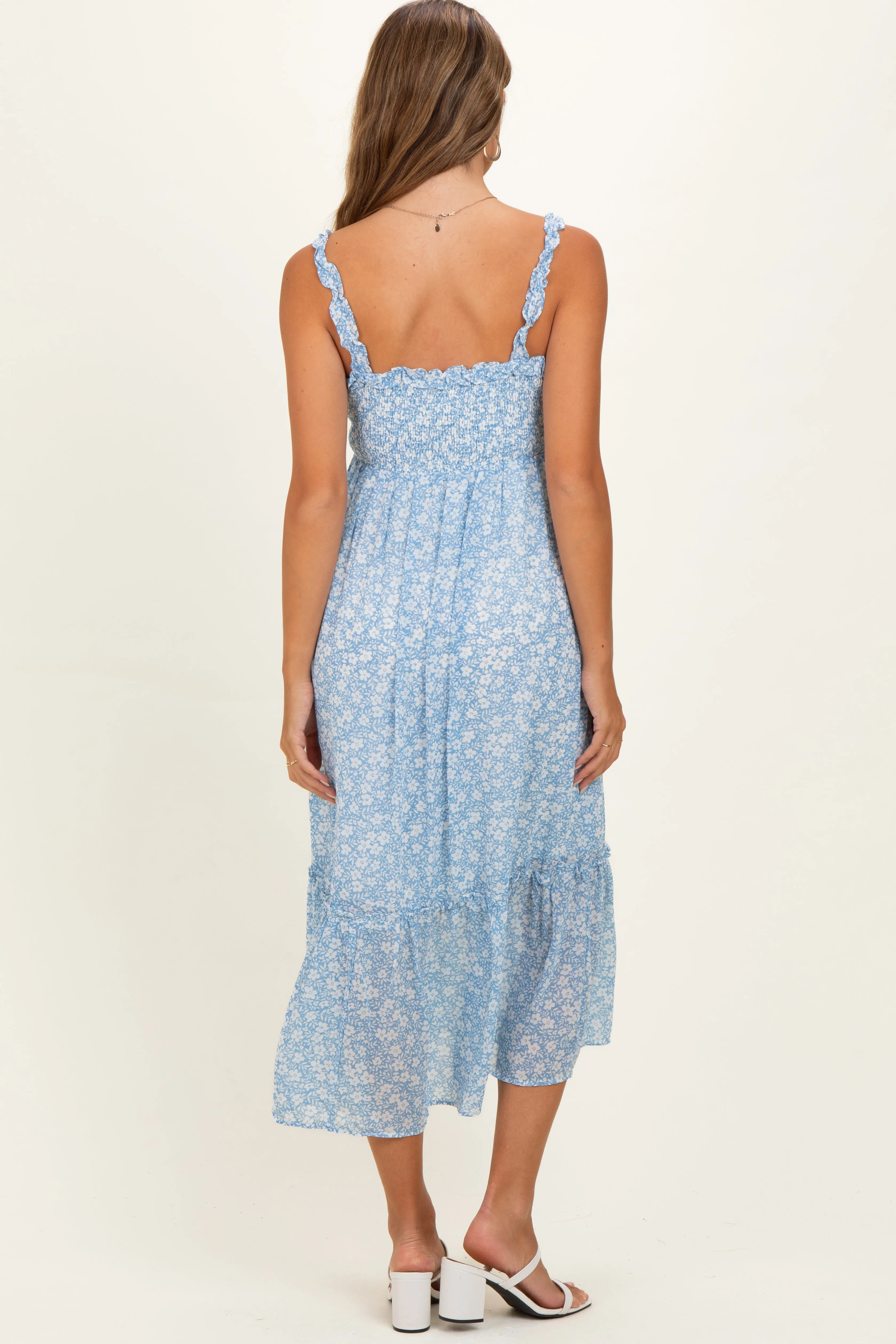 Cornflower Blue Floral Ruffle Strap Button Down Maternity Dress sold by Pinkblush product image thumbnail 3