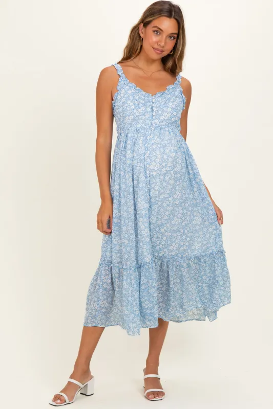 Cornflower Blue Floral Ruffle Strap Button Down Maternity Dress made by Inloom