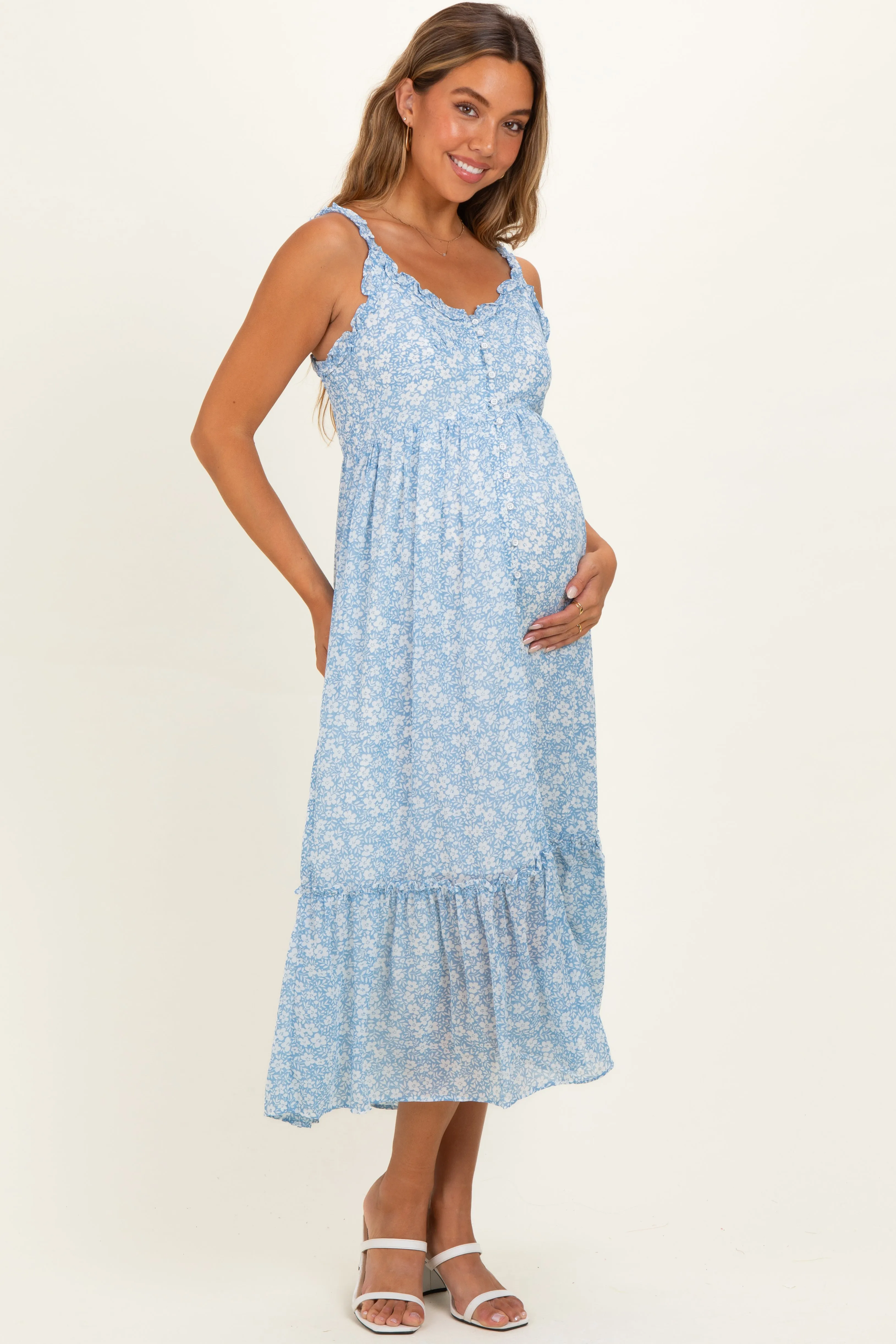 Cornflower Blue Floral Ruffle Strap Button Down Maternity Dress sold by Pinkblush product image thumbnail 2