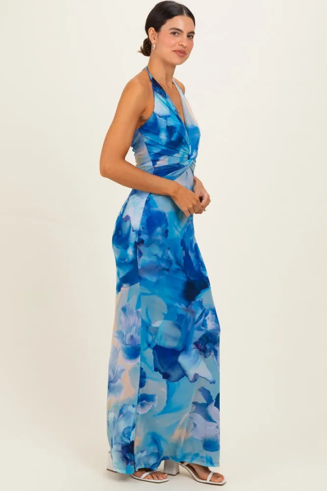 Blue Floral Halter Mesh Maxi Dress sold by Pinkblush product image thumbnail 2