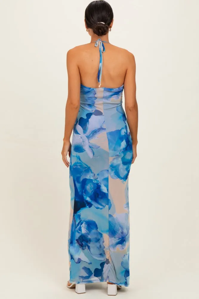 Blue Floral Halter Mesh Maxi Dress sold by Pinkblush product image thumbnail 3