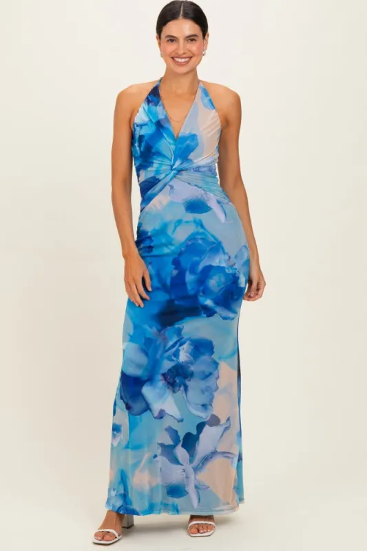 Blue Floral Halter Mesh Maxi Dress made by Blue Blush