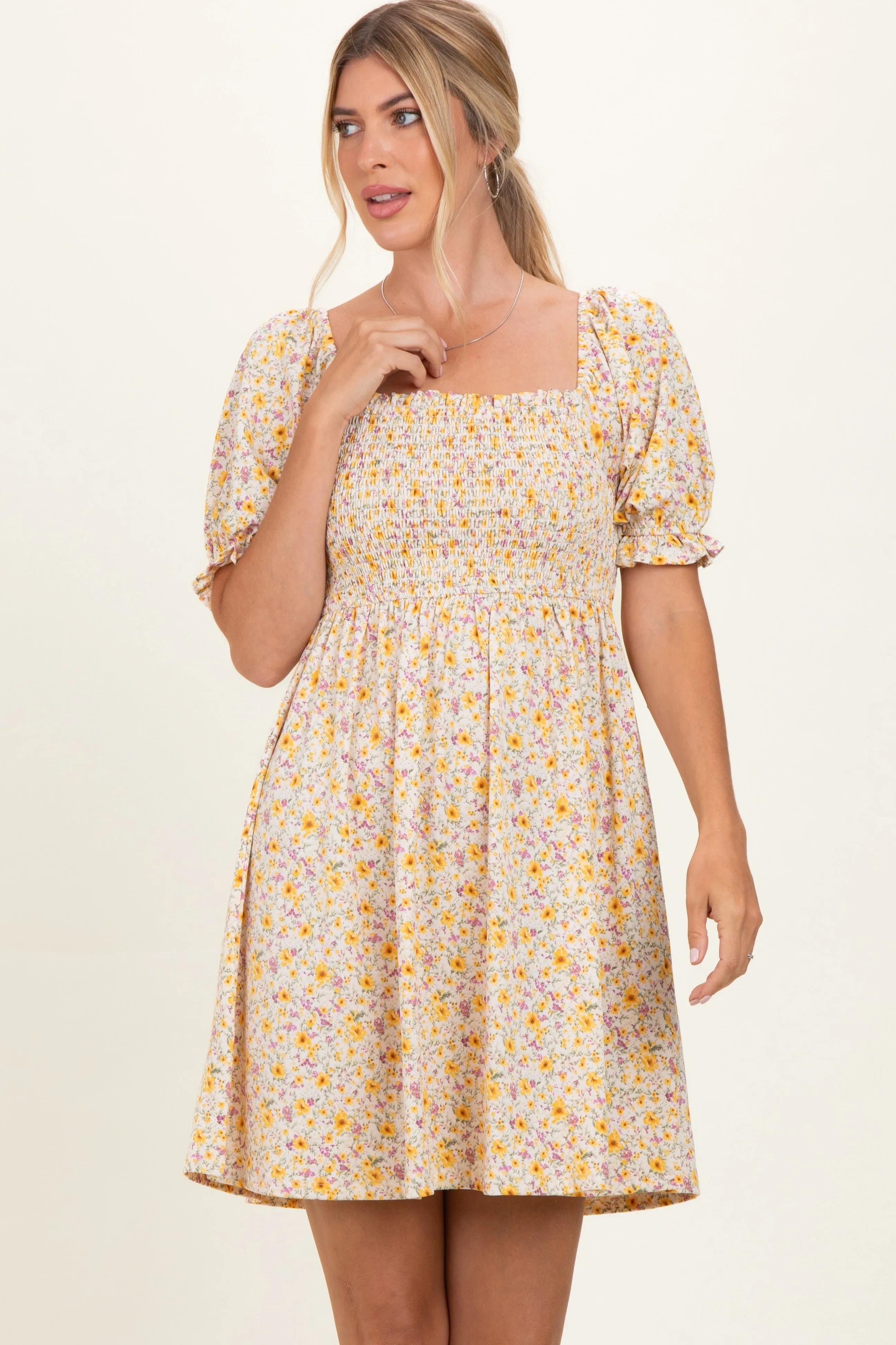 Yellow Multi Ditsy Floral Ruffle Bubble Sleeve Smocked Dress sold by Pinkblush product image thumbnail 2