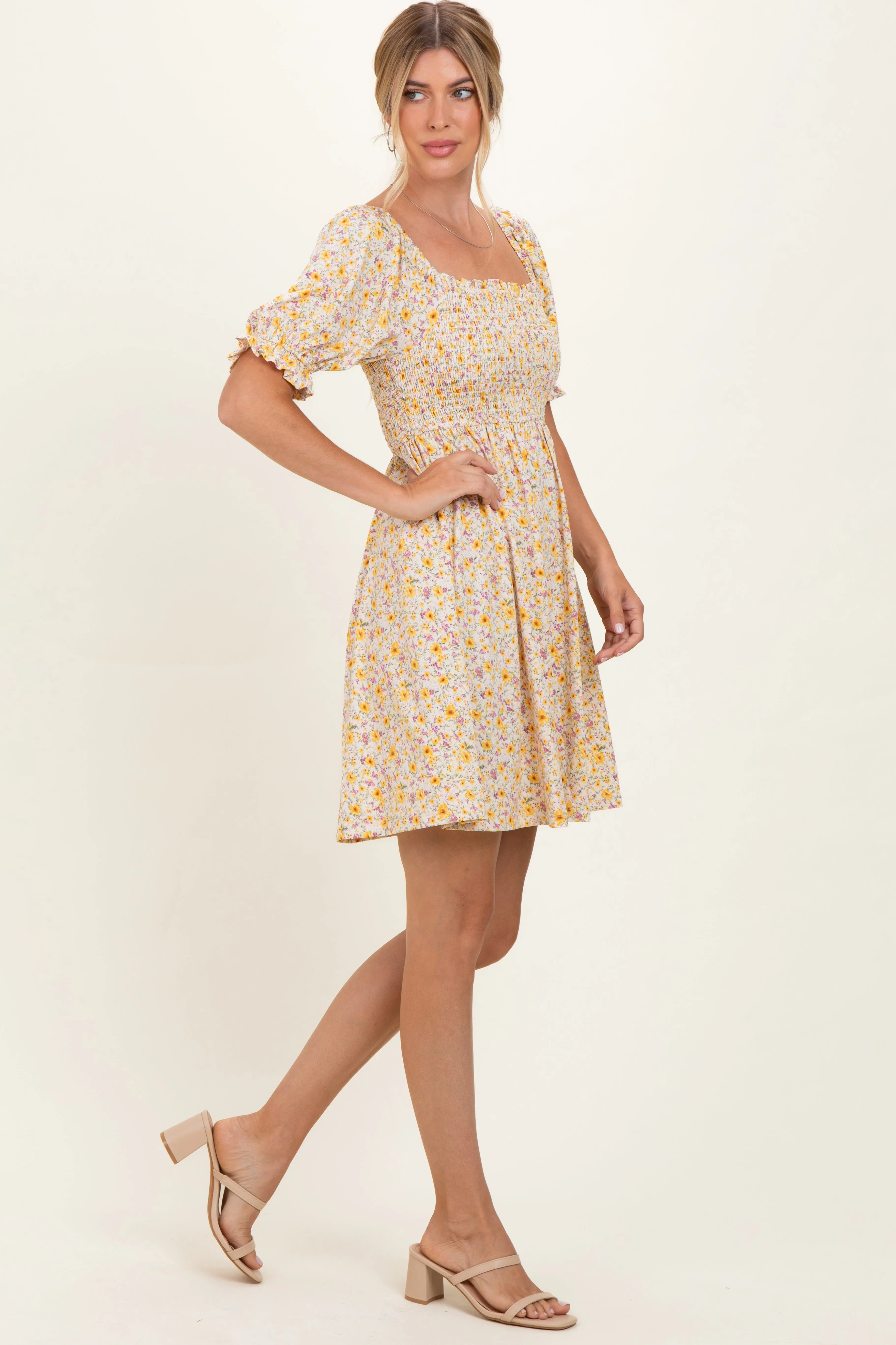 Yellow Multi Ditsy Floral Ruffle Bubble Sleeve Smocked Dress sold by Pinkblush product image thumbnail 3
