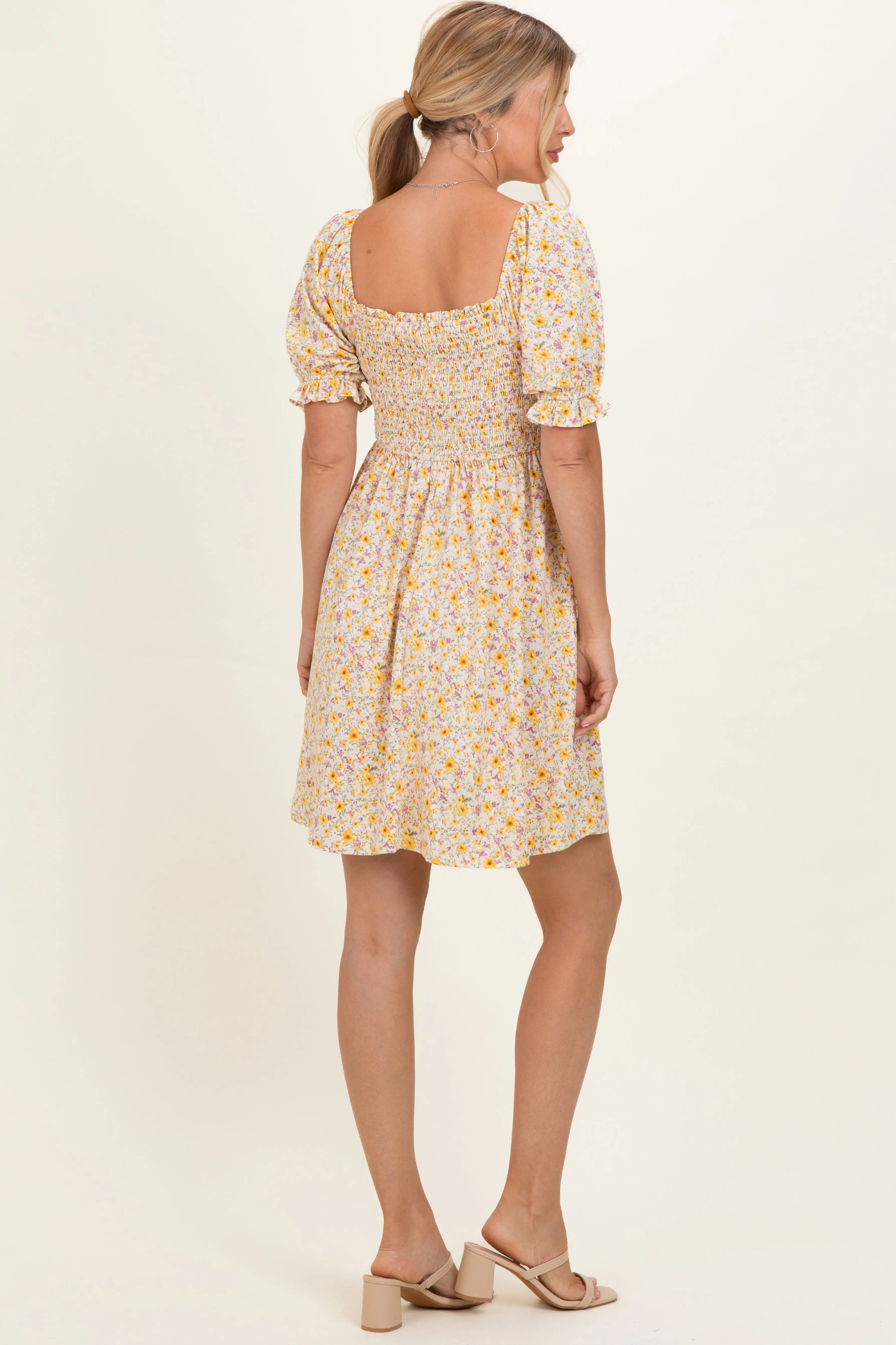 Yellow Multi Ditsy Floral Ruffle Bubble Sleeve Smocked Dress sold by Pinkblush product image thumbnail 4
