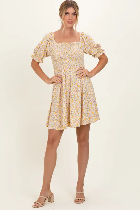 Yellow Multi Ditsy Floral Ruffle Bubble Sleeve Smocked Dress made by Hem & Thread