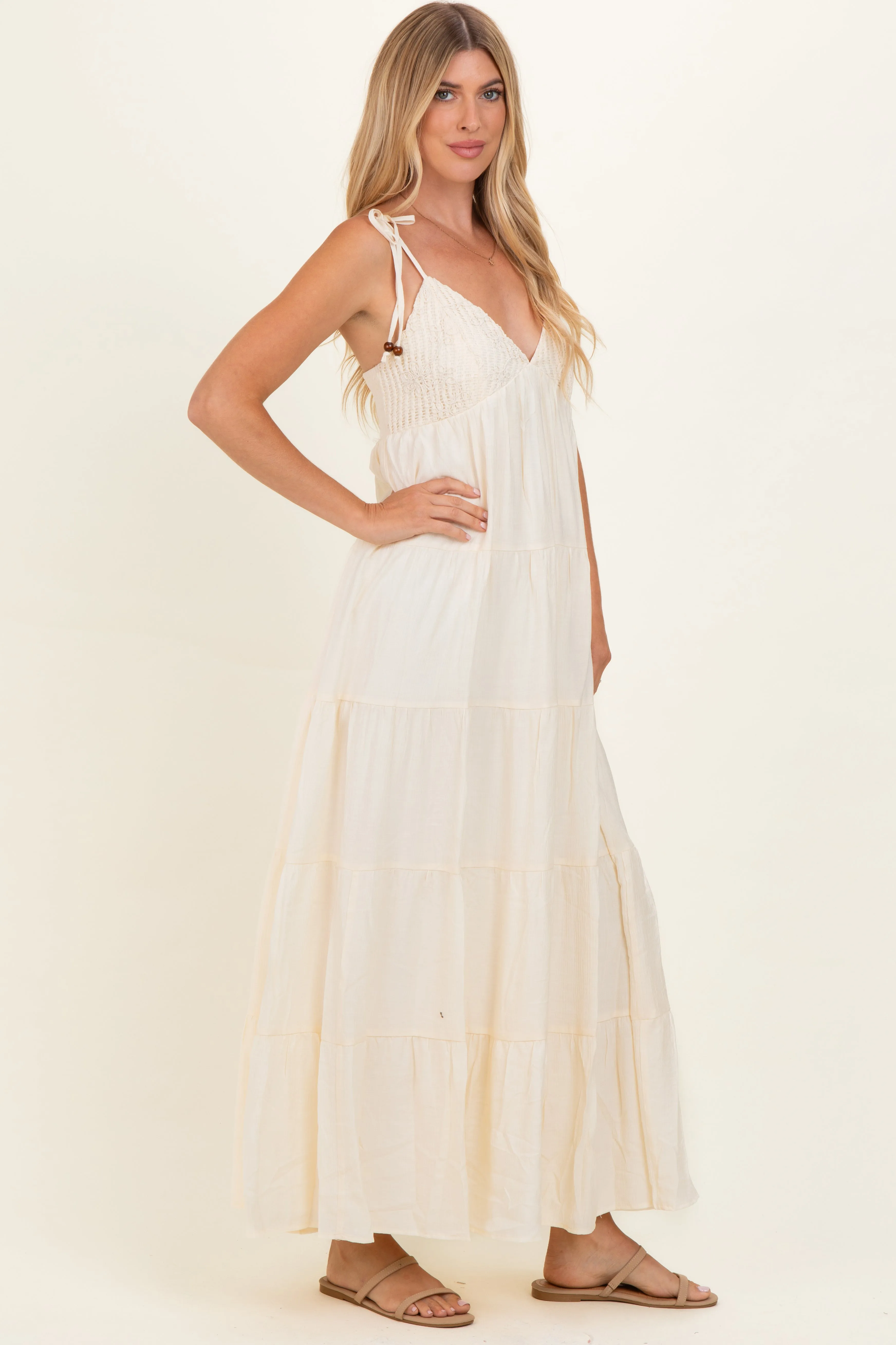 Cream Crochet Detail Tiered Shoulder Tie Maxi Dress sold by Pinkblush product image thumbnail 3