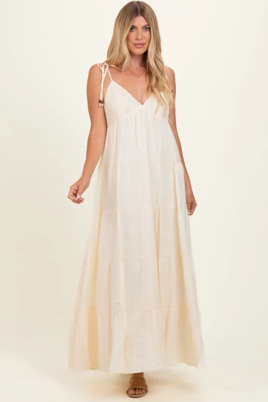 Cream Crochet Detail Tiered Shoulder Tie Maxi Dress made by Flying Tomato