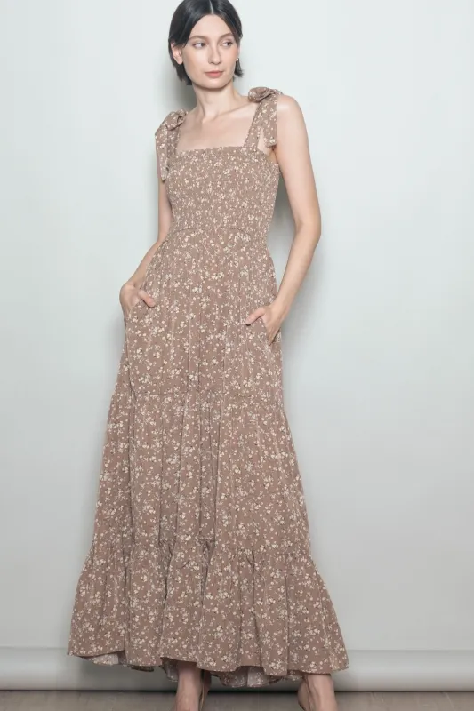 Mocha Floral Shoulder Tie Maxi Dress made by Pinkblush