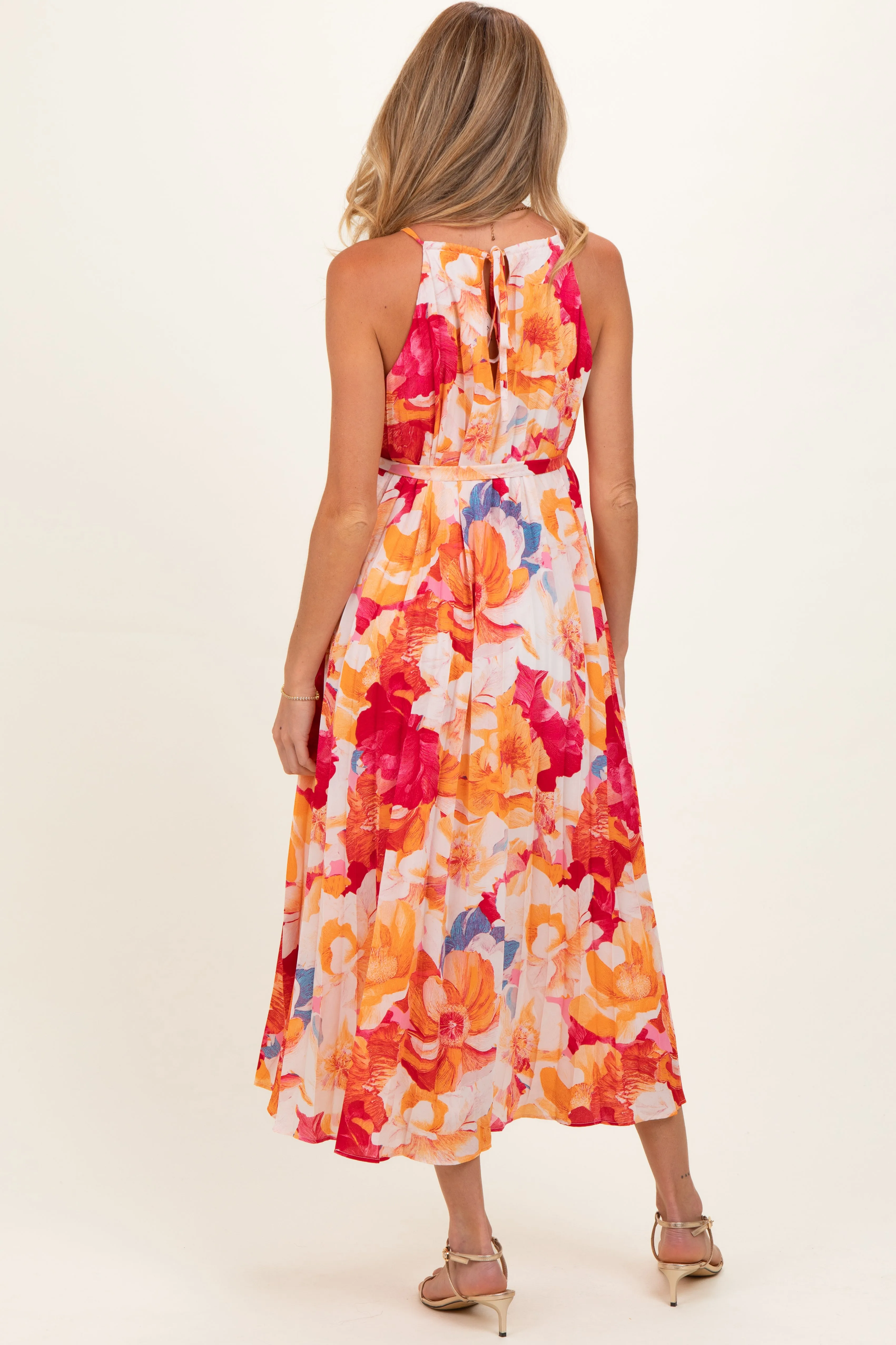 Coral Floral Pleated Maternity Midi Dress sold by Pinkblush product image thumbnail 3