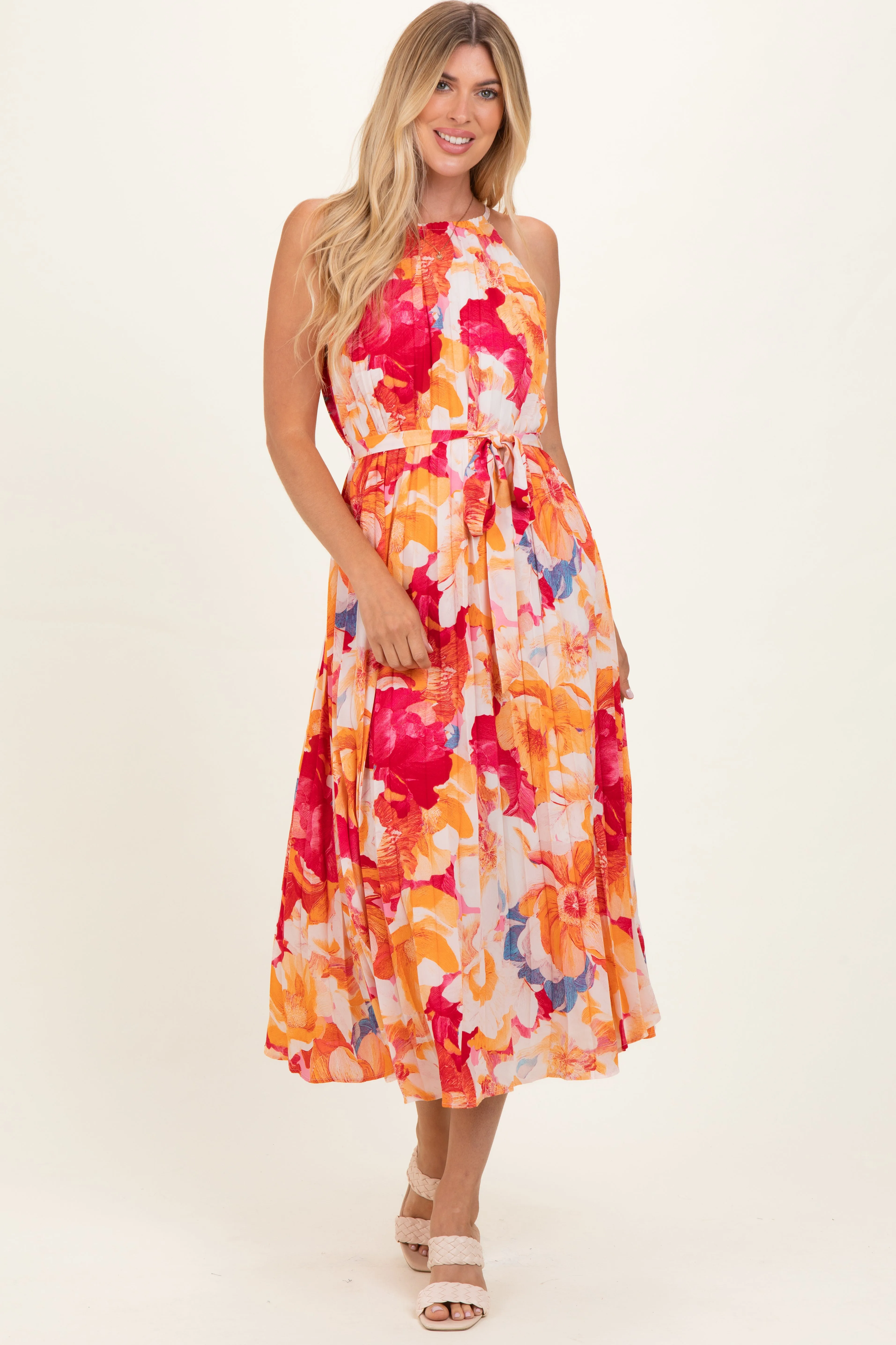 Coral Floral Pleated Maternity Midi Dress sold by Pinkblush product image thumbnail 4