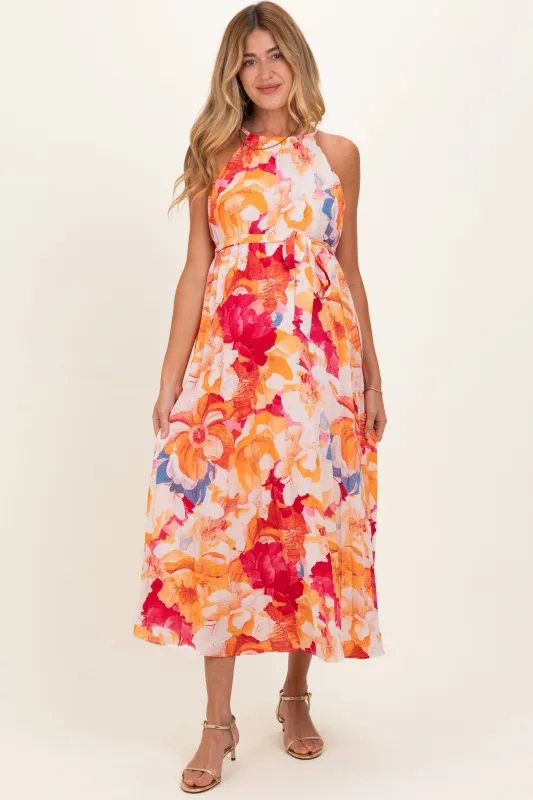 Coral Floral Pleated Maternity Midi Dress made by Sugarlips