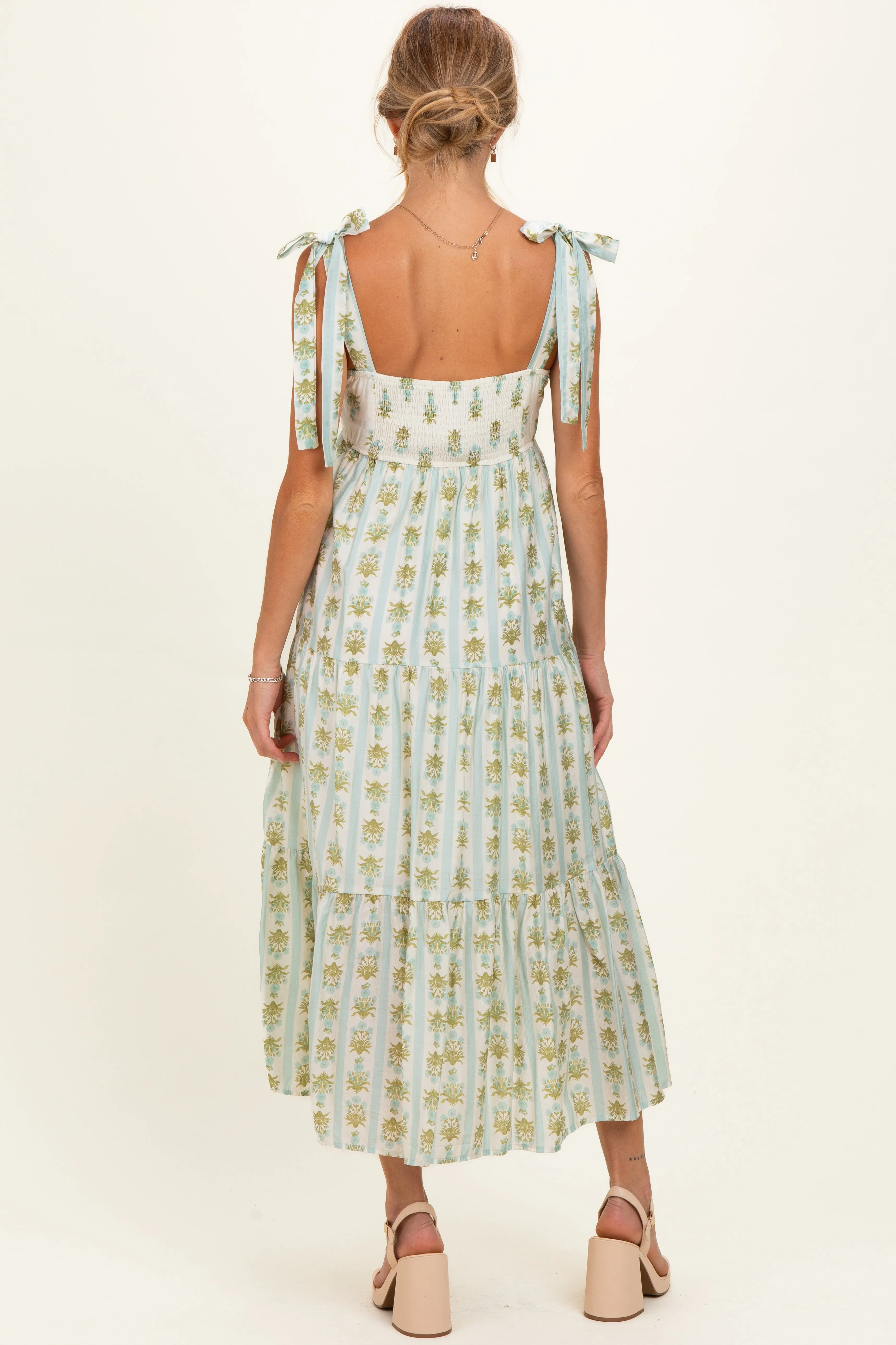 Sage Striped Floral Shoulder Tie Maternity Midi Dress sold by Pinkblush product image thumbnail 3