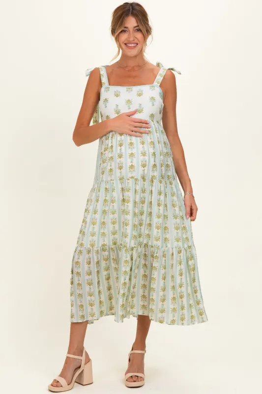 Sage Striped Floral Shoulder Tie Maternity Midi Dress made by Pinkblush
