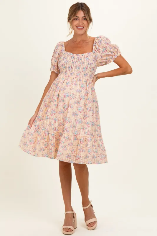 Peach Floral Sweetheart Neck Smocked Maternity Midi Dress made by Pinkblush