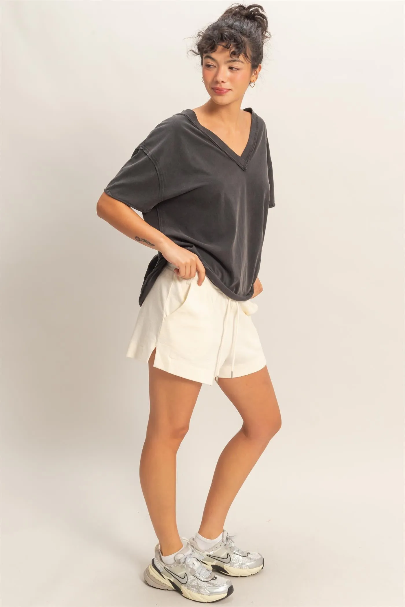 Black Washed V-Neck Oversized Tee sold by Pinkblush product image thumbnail 4