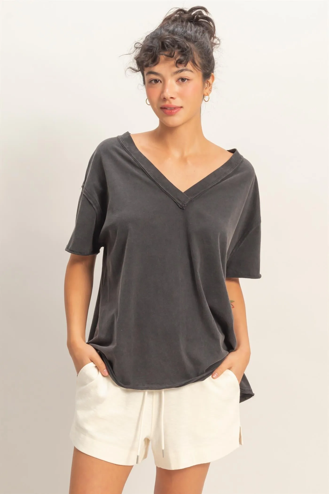 Black Washed V-Neck Oversized Tee sold by Pinkblush