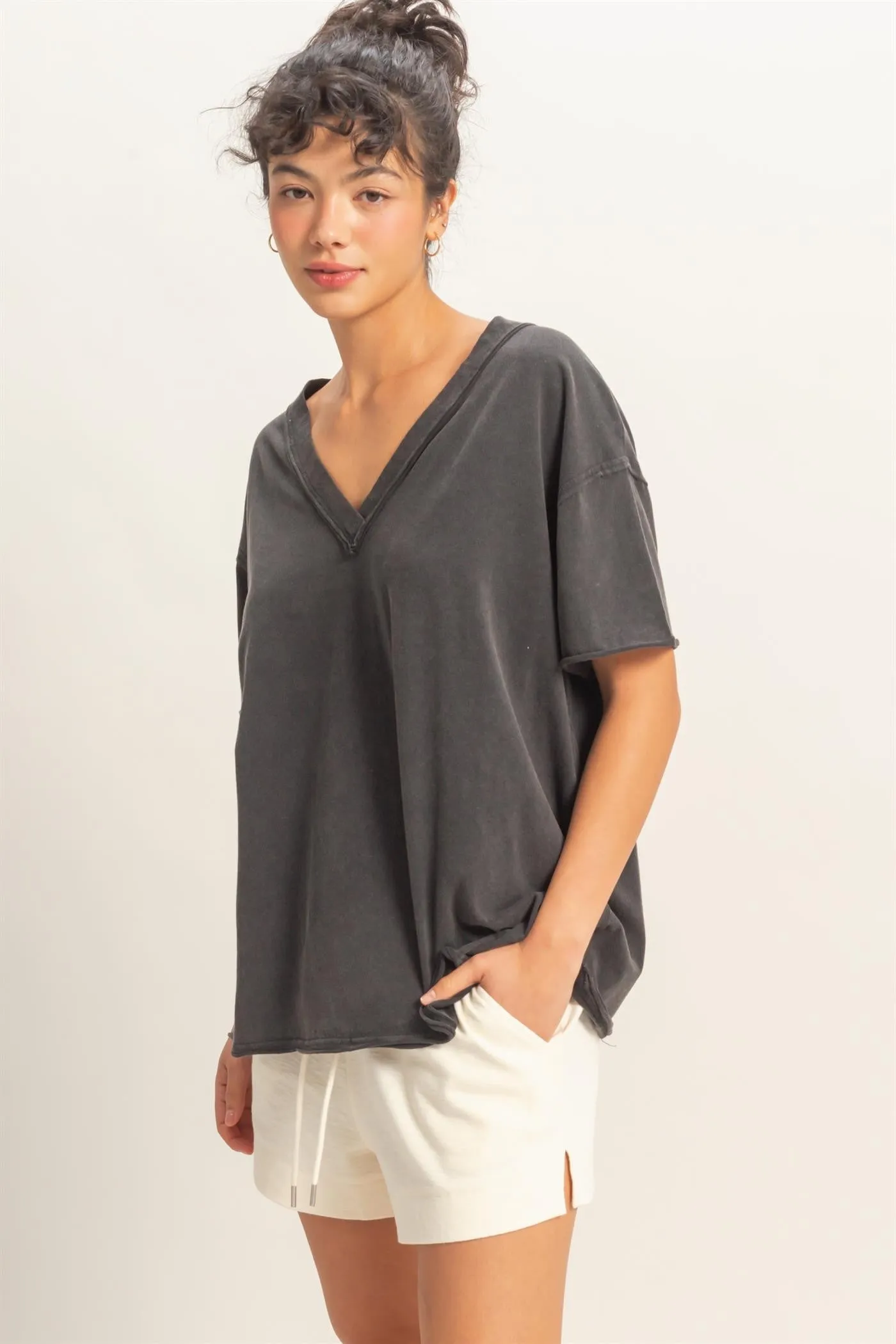 Black Washed V-Neck Oversized Tee sold by Pinkblush product image thumbnail 2