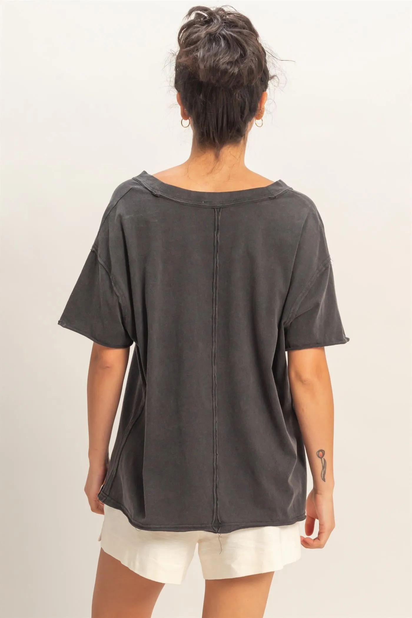 Black Washed V-Neck Oversized Tee sold by Pinkblush product image thumbnail 3