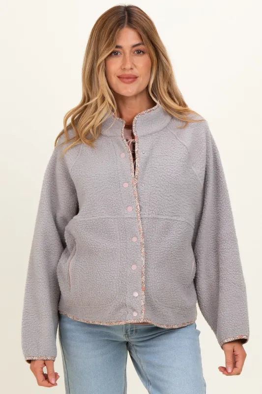 Grey Floral Trim Fleece Snap Button Maternity Jacket made by Pinkblush