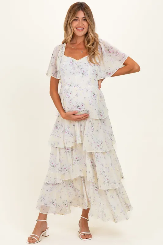 Lemon Floral Flounce Tiered Maternity Maxi Dress made by Inloom