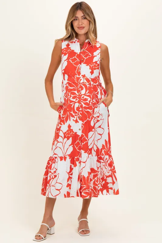 Red Floral Belted Sleeveless Maternity Shirt Dress made by entro