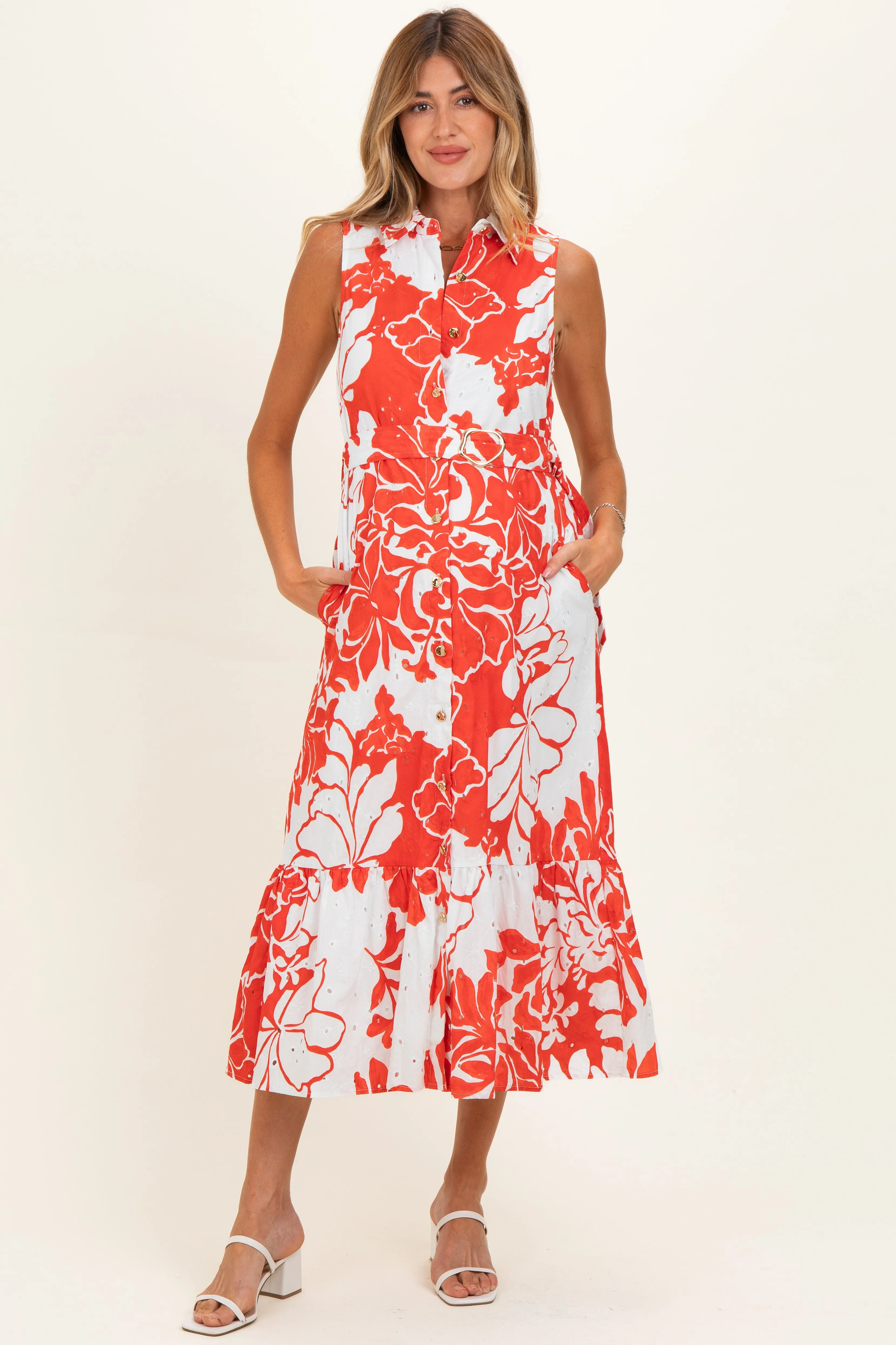 Red Floral Belted Sleeveless Maternity Shirt Dress sold by Pinkblush