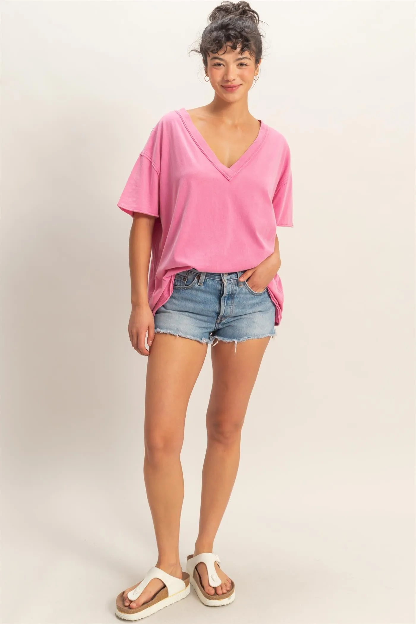 Fuchsia Washed V-Neck Oversized Tee sold by Pinkblush product image thumbnail 5