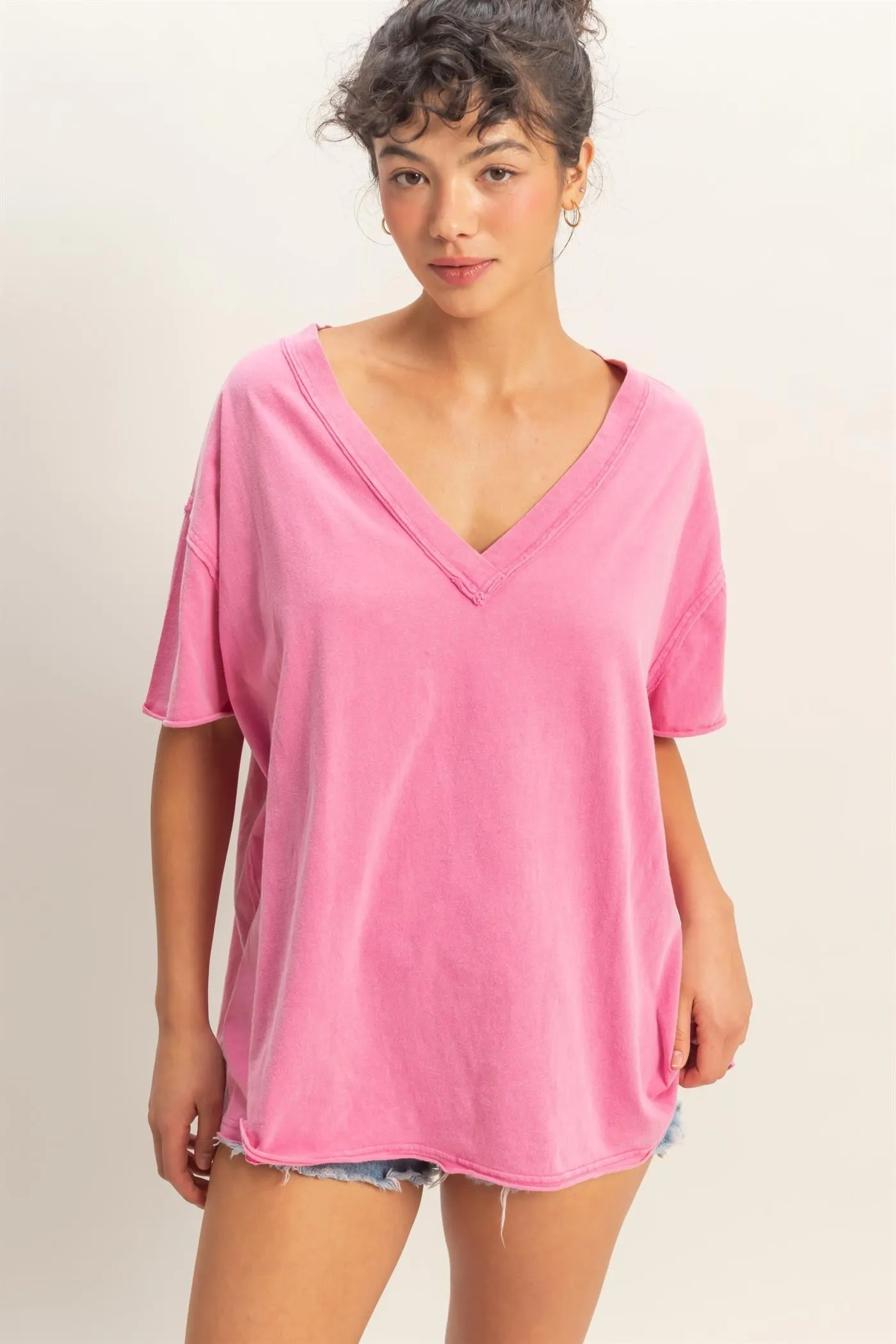 Fuchsia Washed V-Neck Oversized Tee sold by Pinkblush product image thumbnail 2