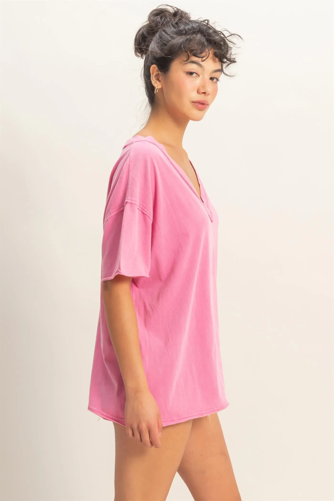 Fuchsia Washed V-Neck Oversized Tee sold by Pinkblush product image thumbnail 3